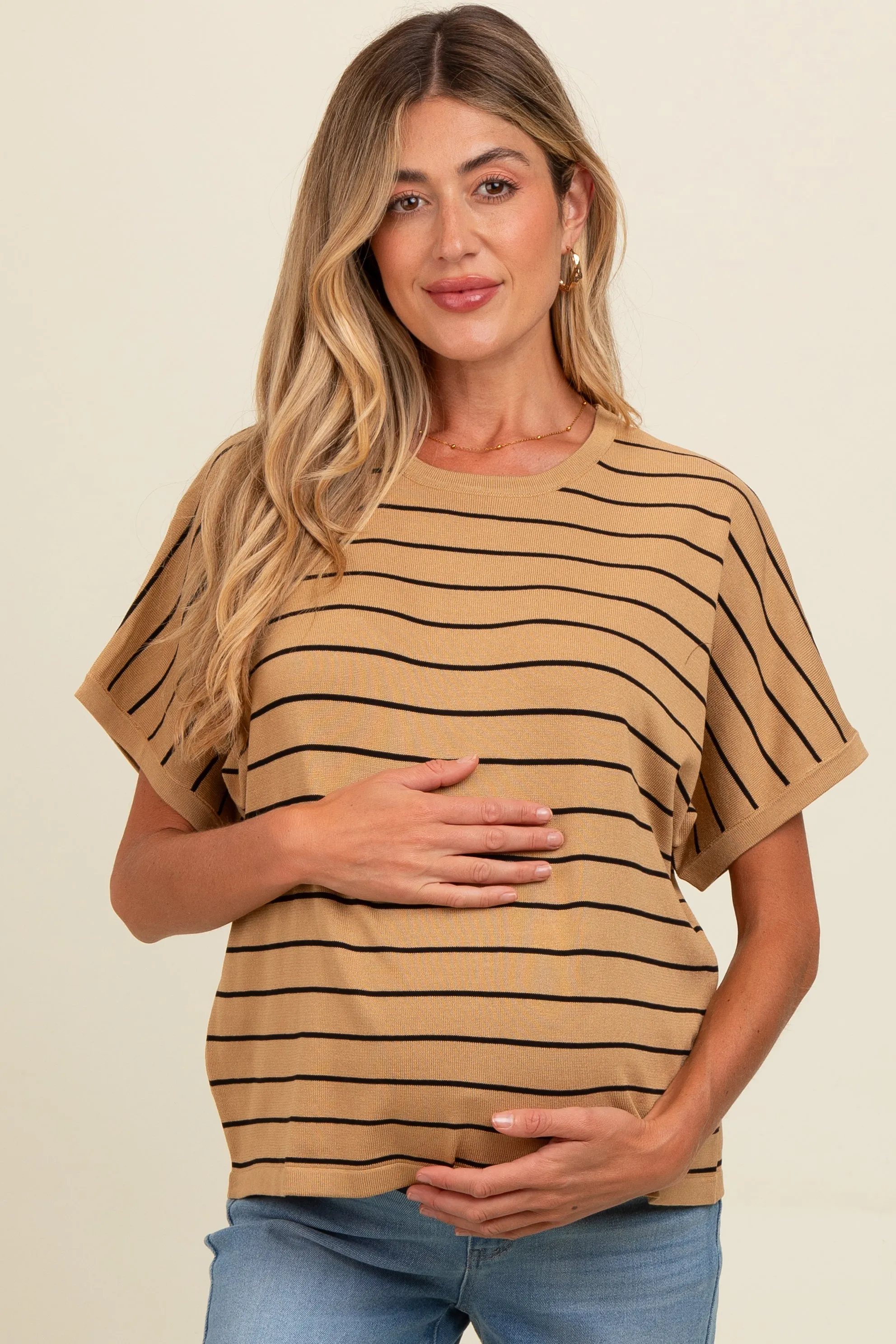 Taupe Striped Boxy Short Sleeve Maternity Top sold by Pinkblush