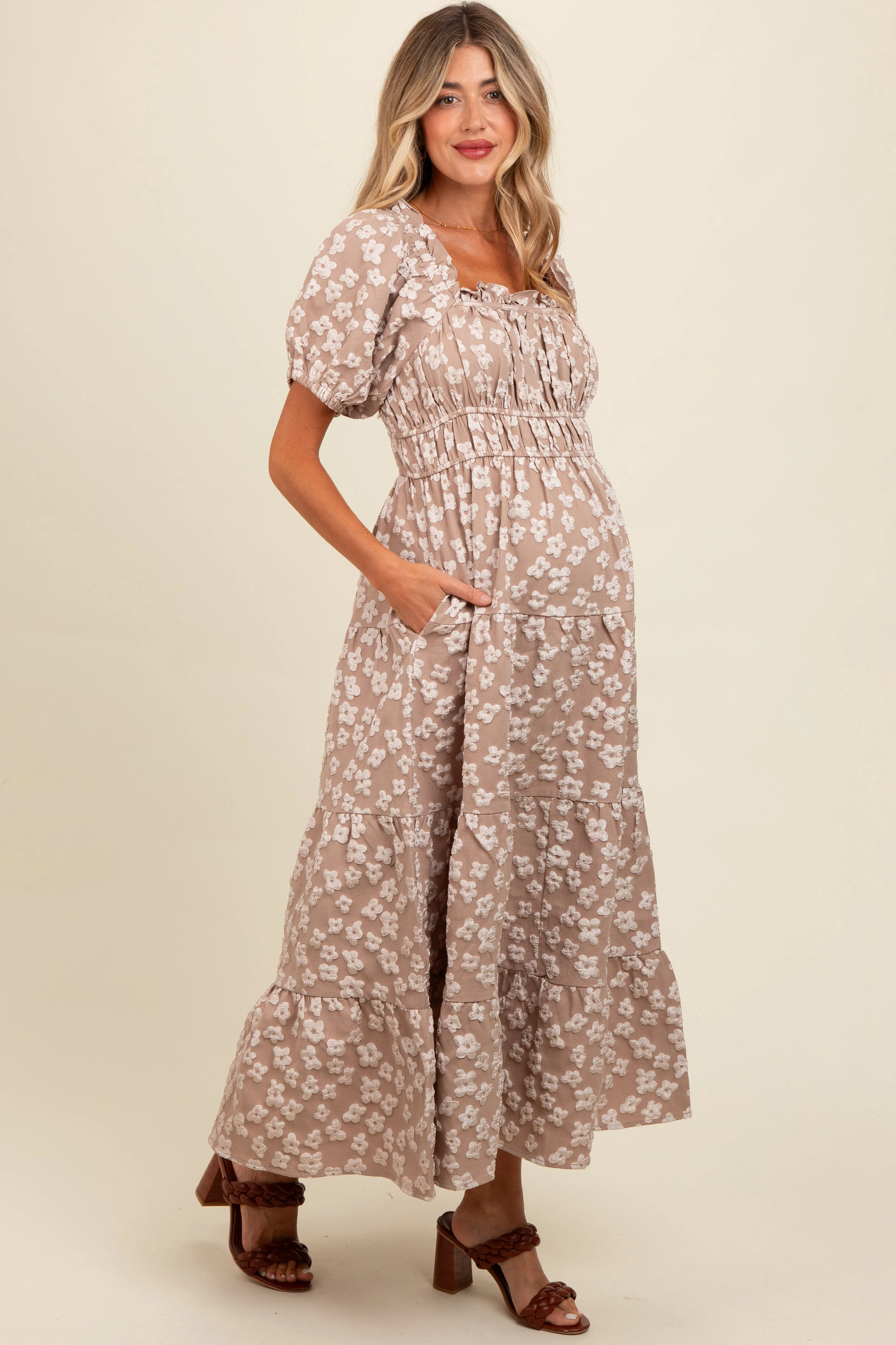 Light Mocha Floral Applique Tiered Maternity Maxi Dress sold by Pinkblush product image thumbnail 3