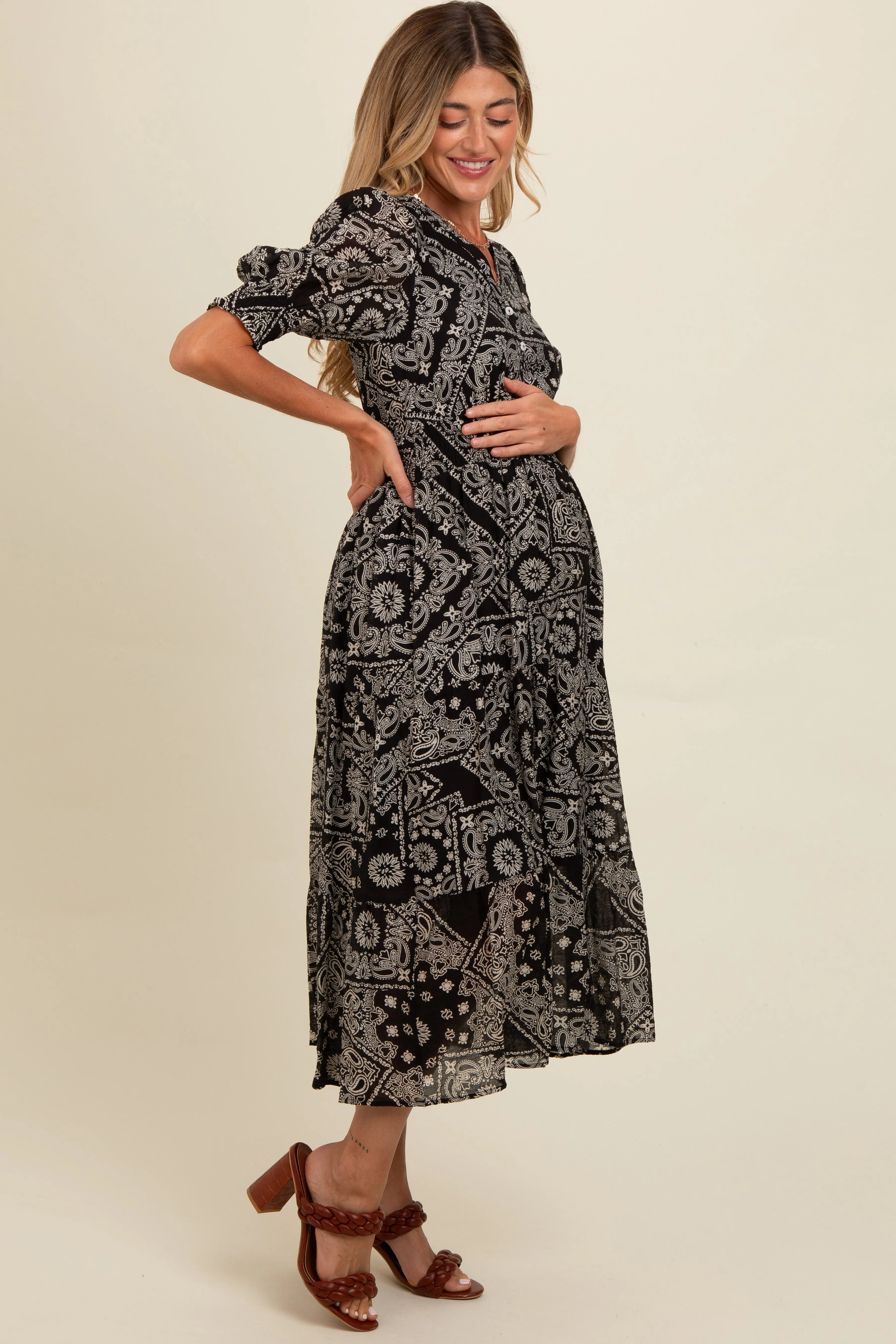 Black Paisley Button Front V-Neck Tiered Maternity Midi Dress sold by Pinkblush product image thumbnail 3