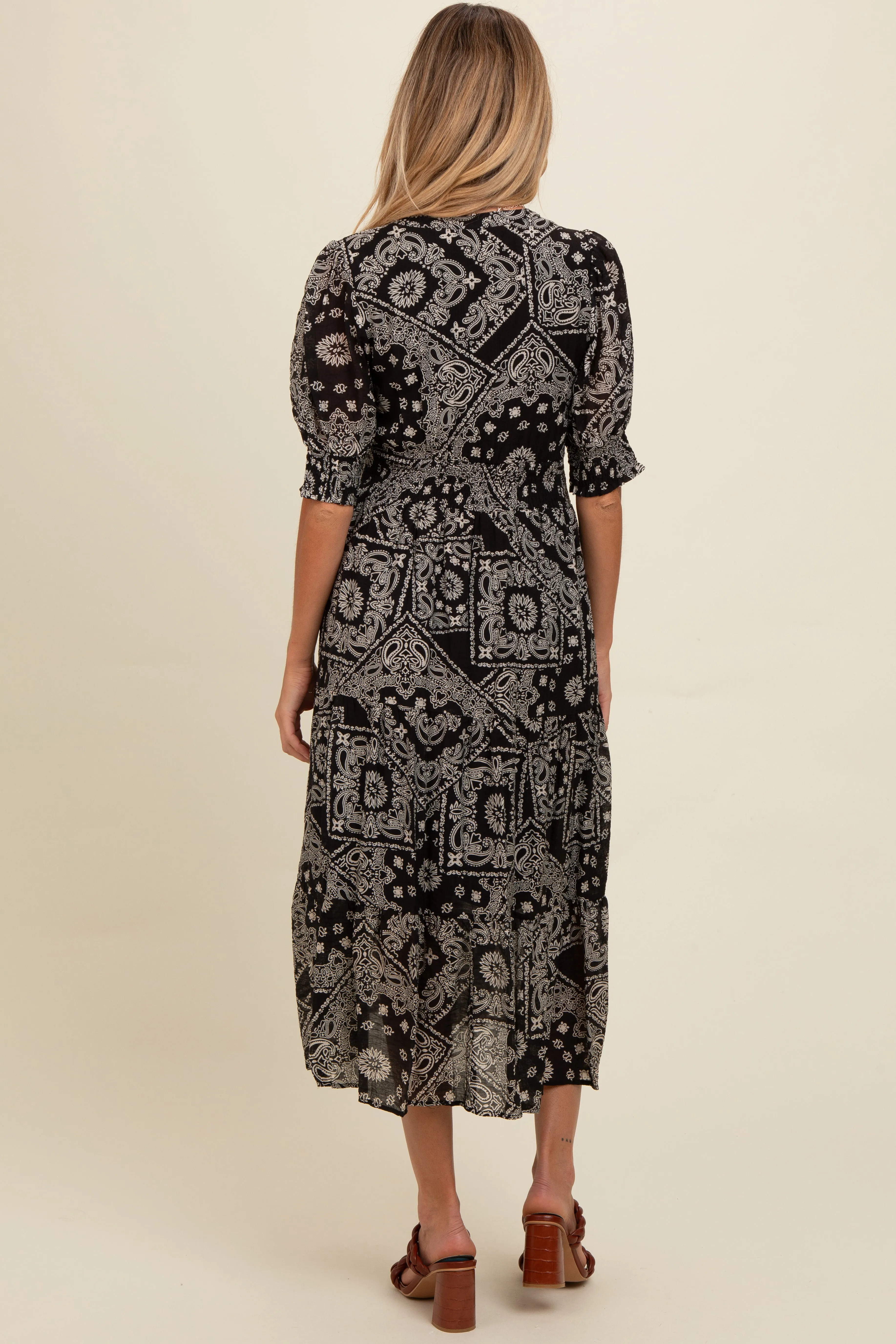 Black Paisley Button Front V-Neck Tiered Maternity Midi Dress sold by Pinkblush product image thumbnail 4