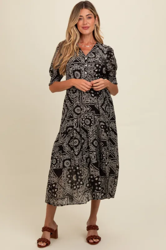 Black Paisley Button Front V-Neck Tiered Maternity Midi Dress sold by Pinkblush