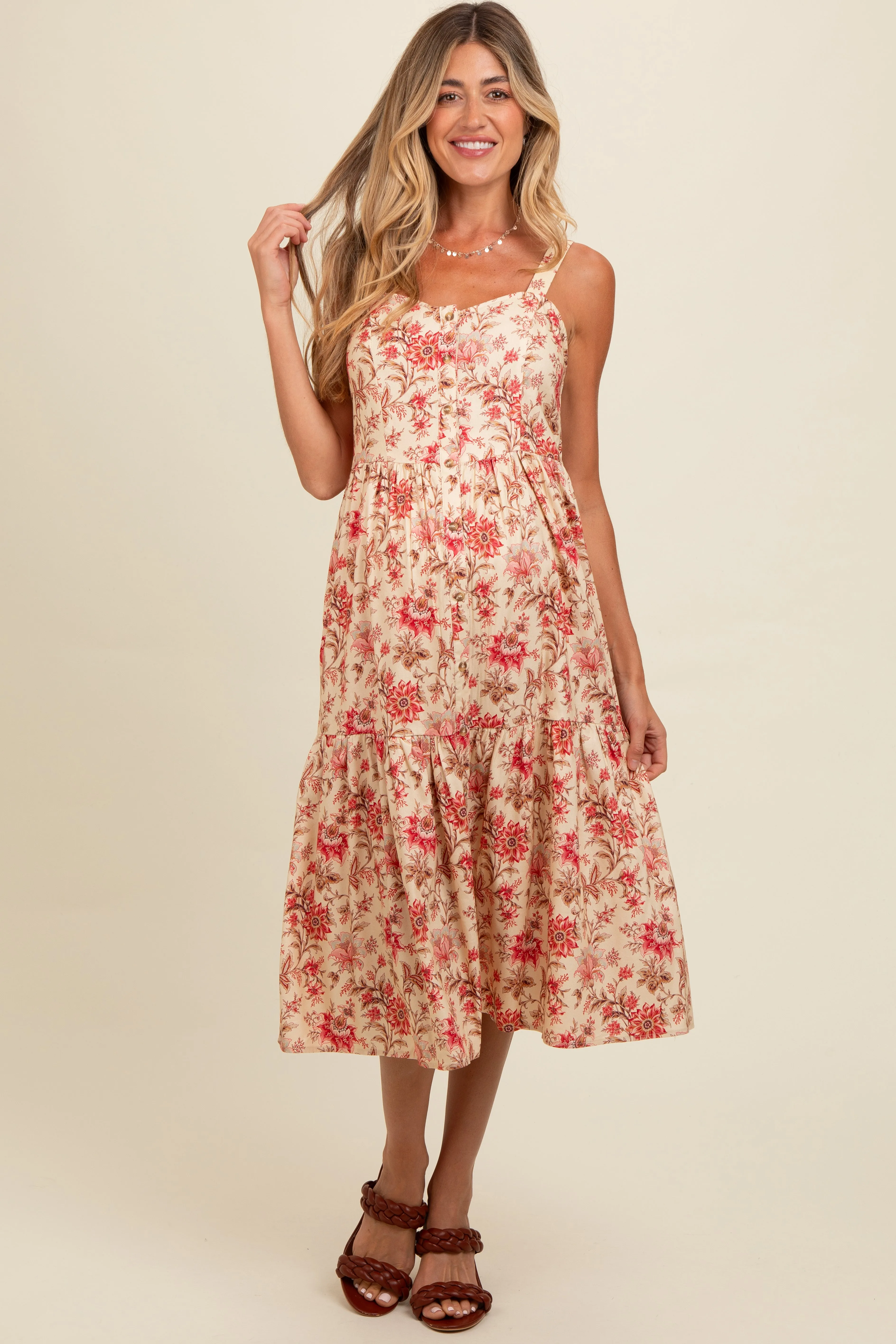 Cream Floral Sweetheart Neck Button Down Maternity Midi Dress sold by Pinkblush