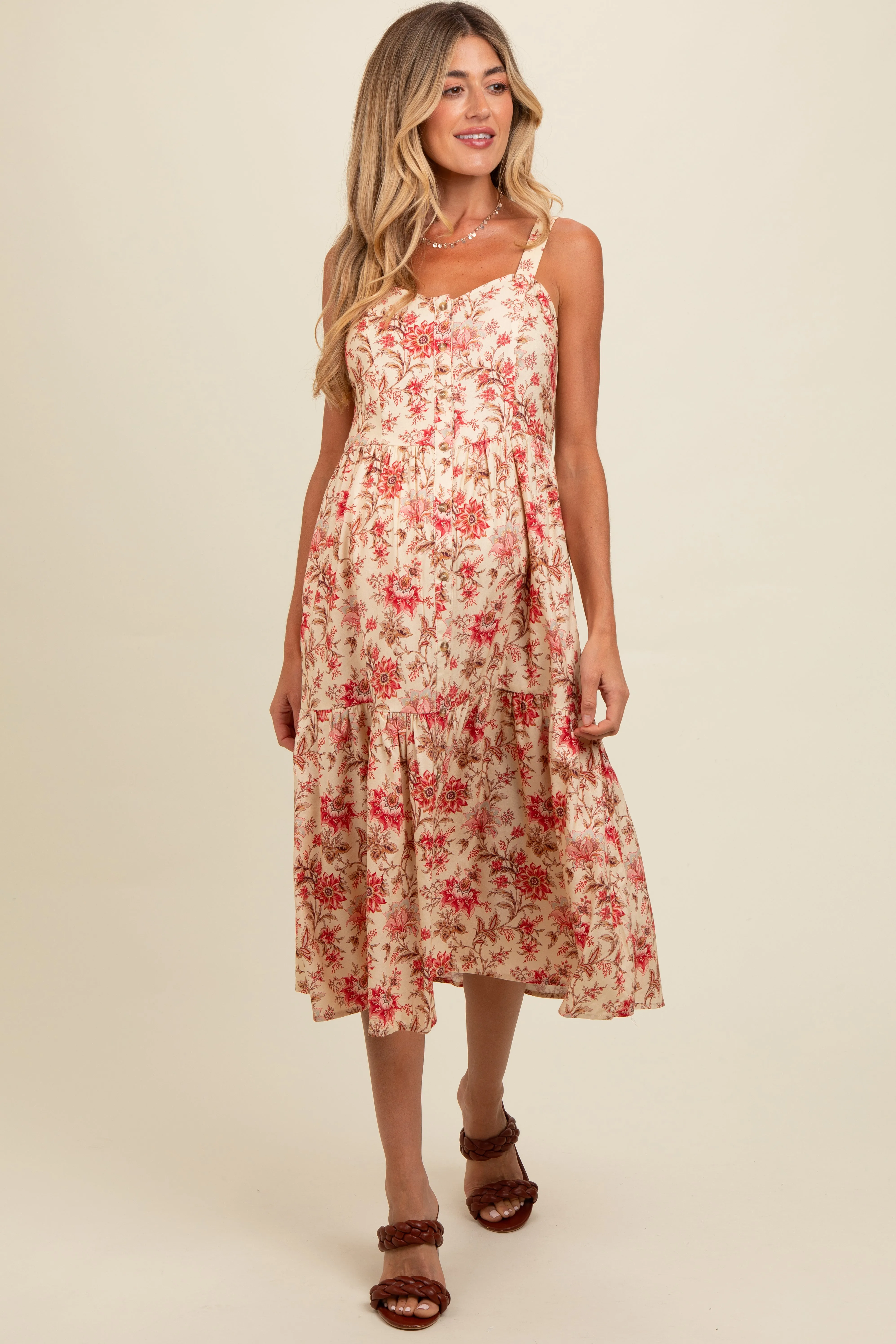 Cream Floral Sweetheart Neck Button Down Maternity Midi Dress sold by Pinkblush product image thumbnail 2