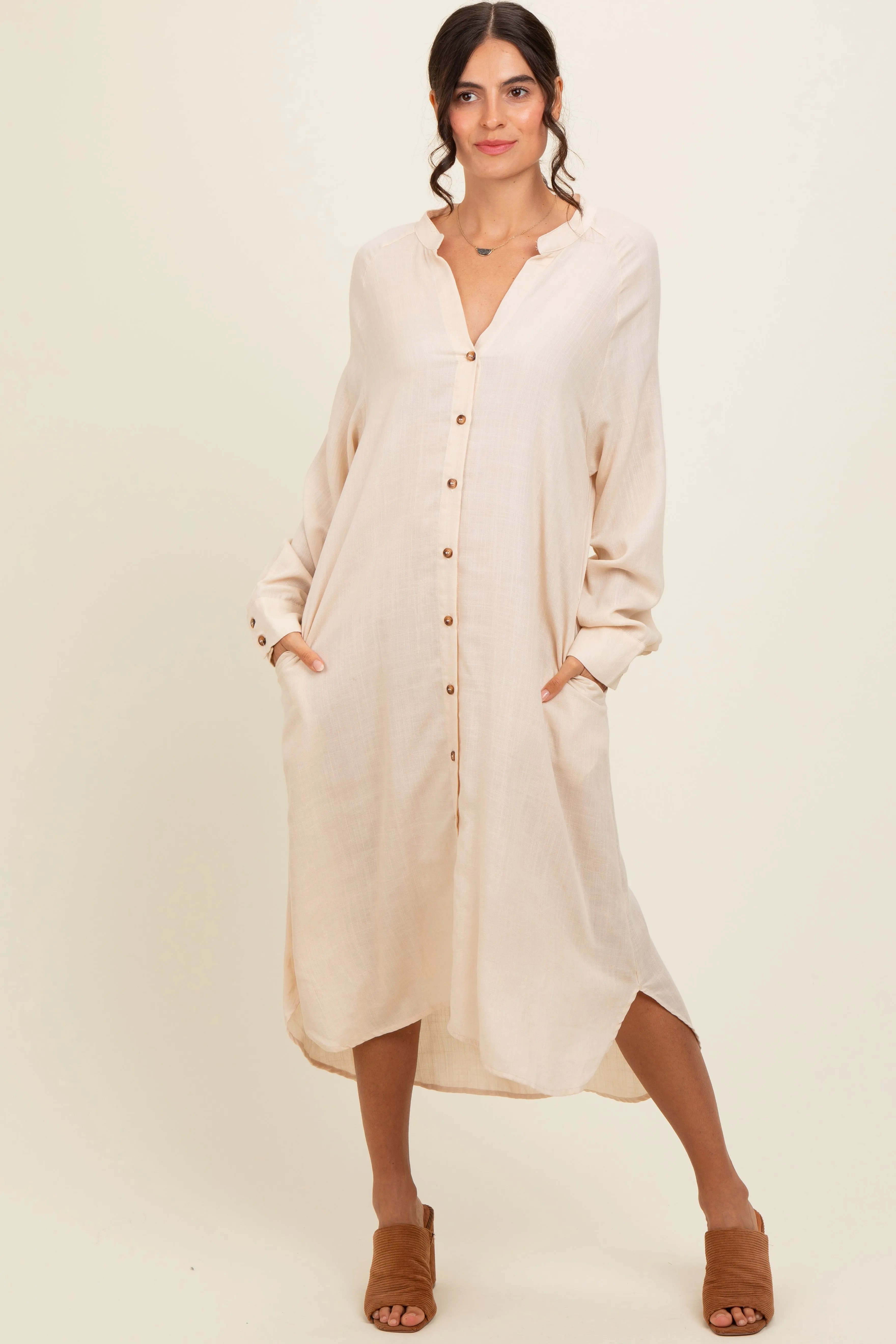 Beige Button Down Midi Dress sold by Pinkblush