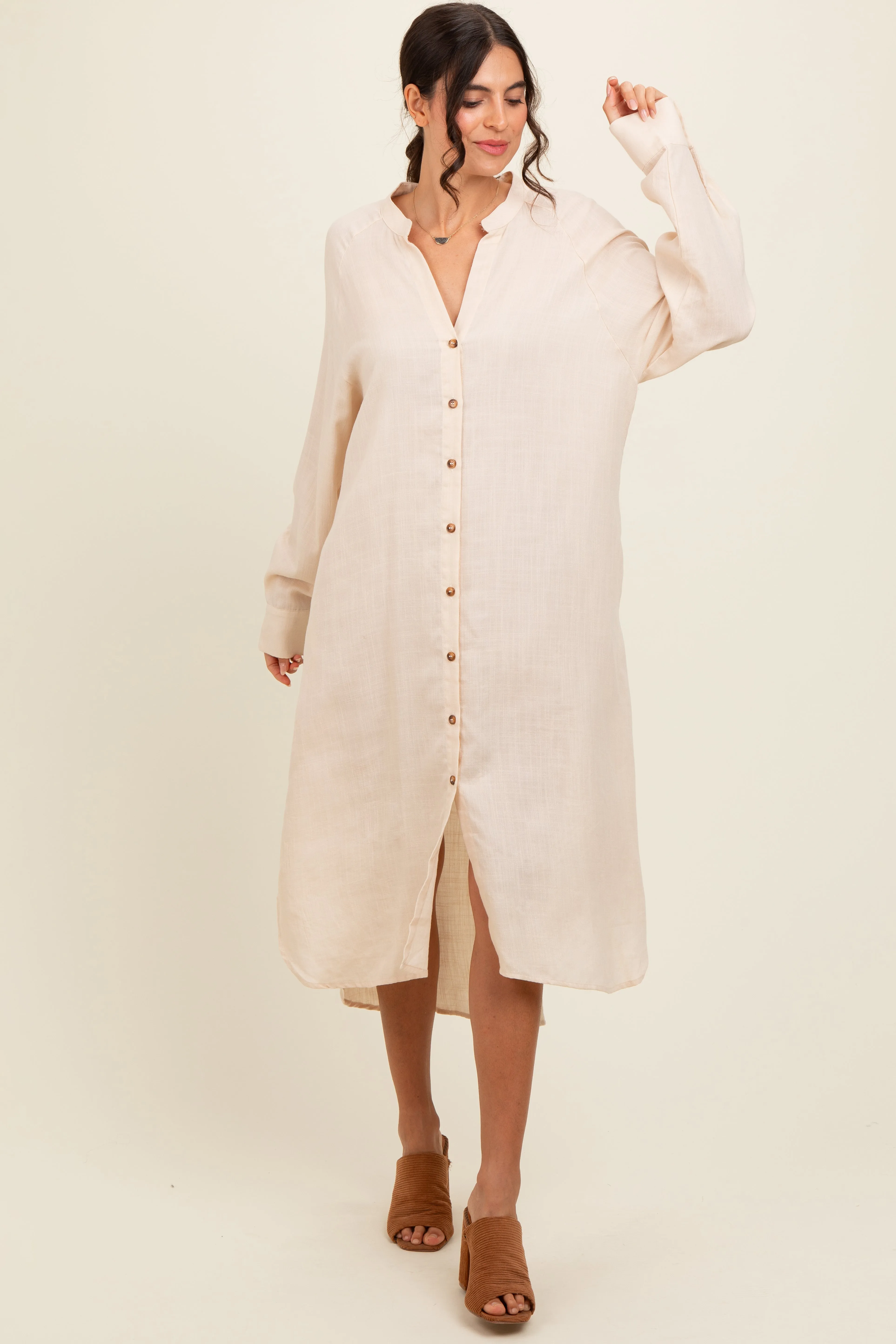 Beige Button Down Midi Dress sold by Pinkblush product image thumbnail 2