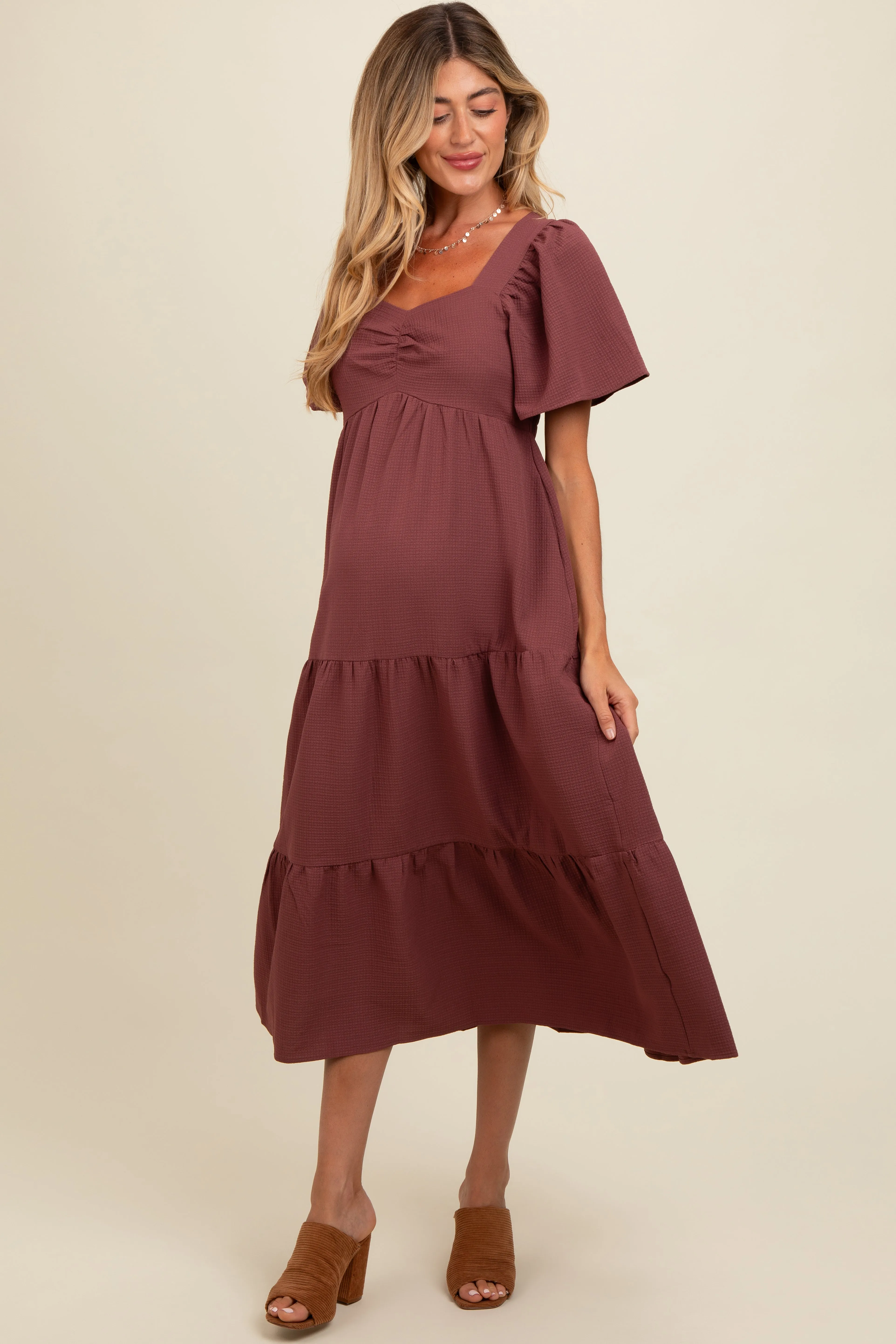Burgundy Sweetheart Neck Short Puff Sleeve Tiered Maternity Midi Dress sold by Pinkblush