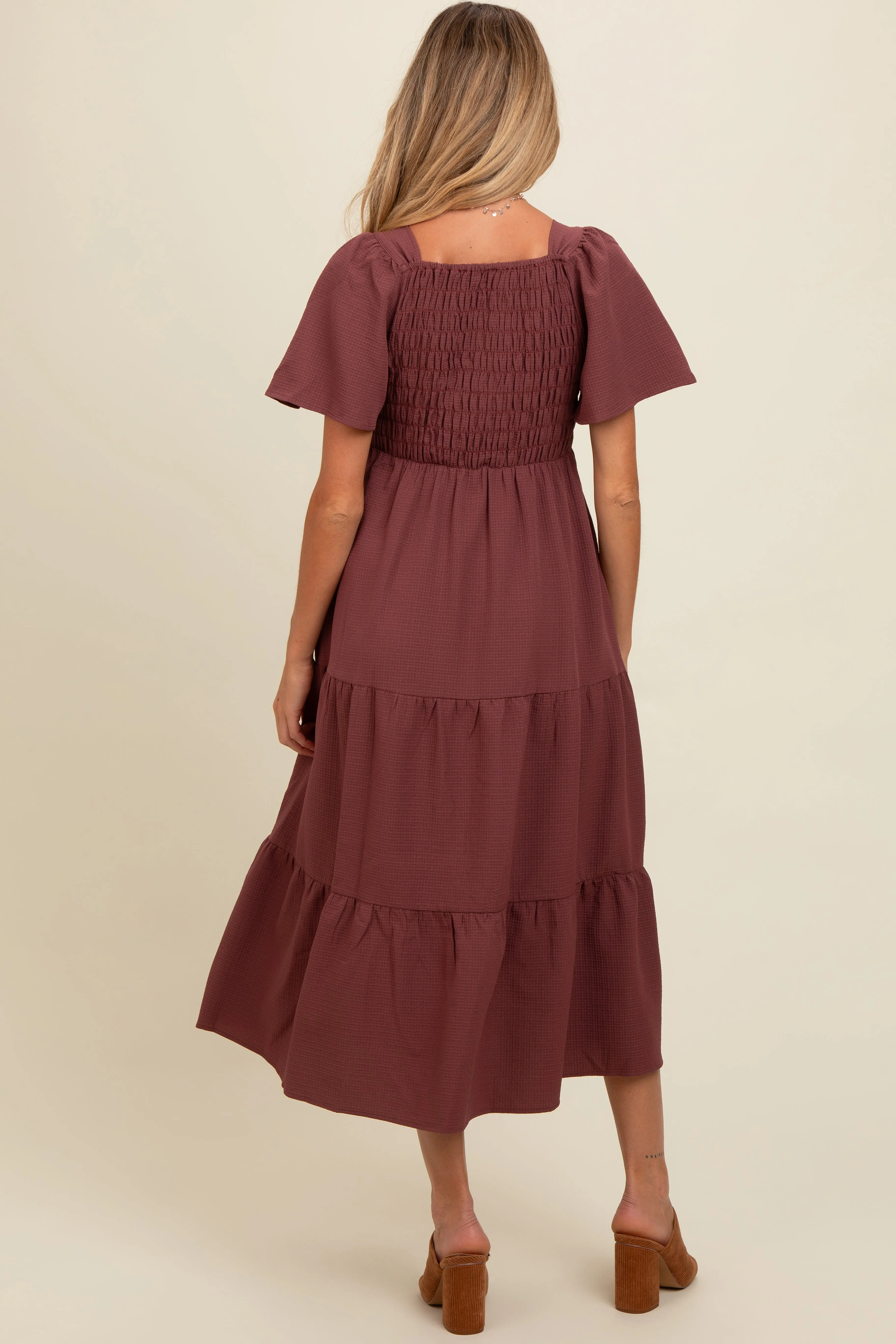 Burgundy Sweetheart Neck Short Puff Sleeve Tiered Maternity Midi Dress sold by Pinkblush product image thumbnail 2