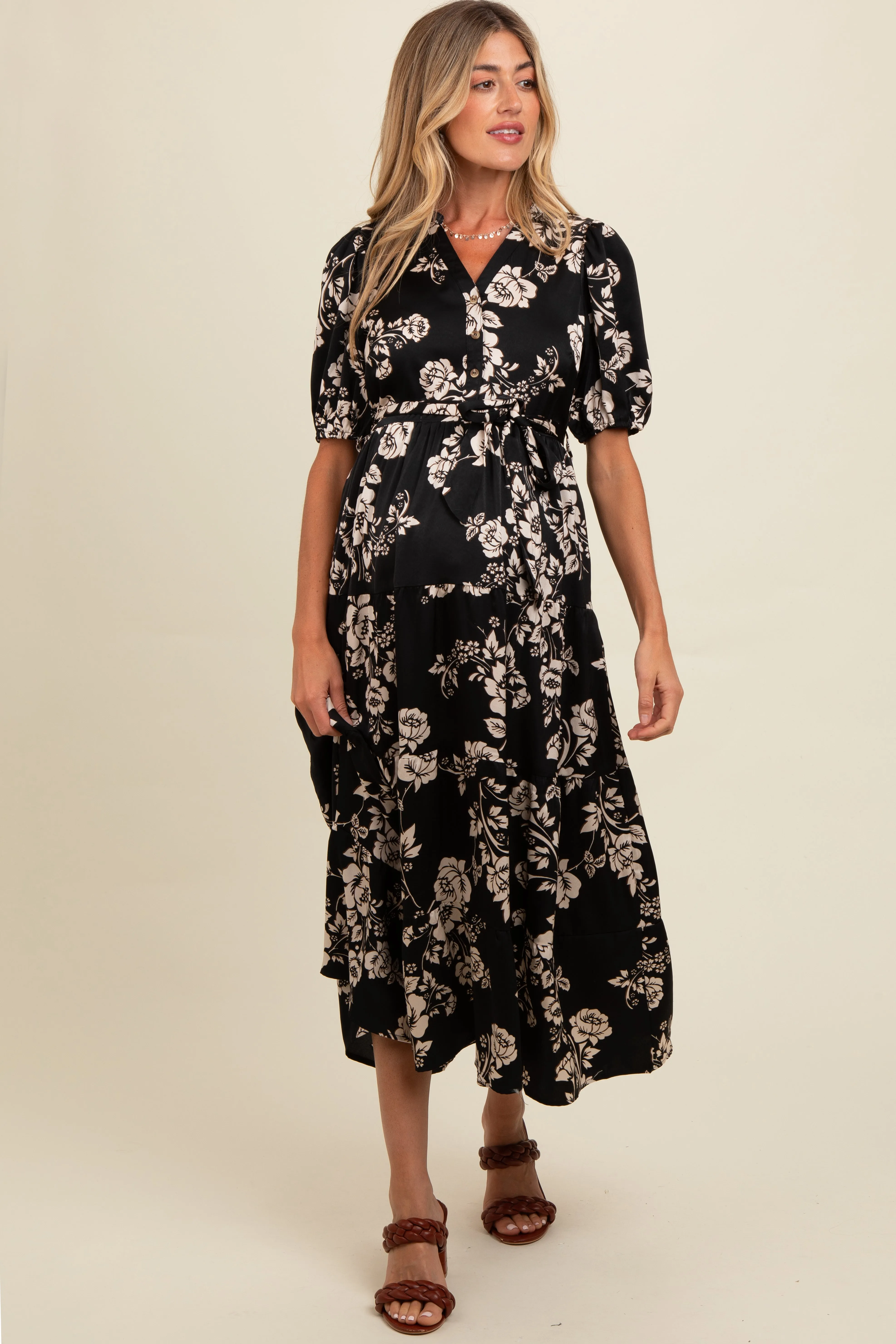 Black Floral Button Down Front Tie Maternity Midi Dress sold by Pinkblush product image thumbnail 2