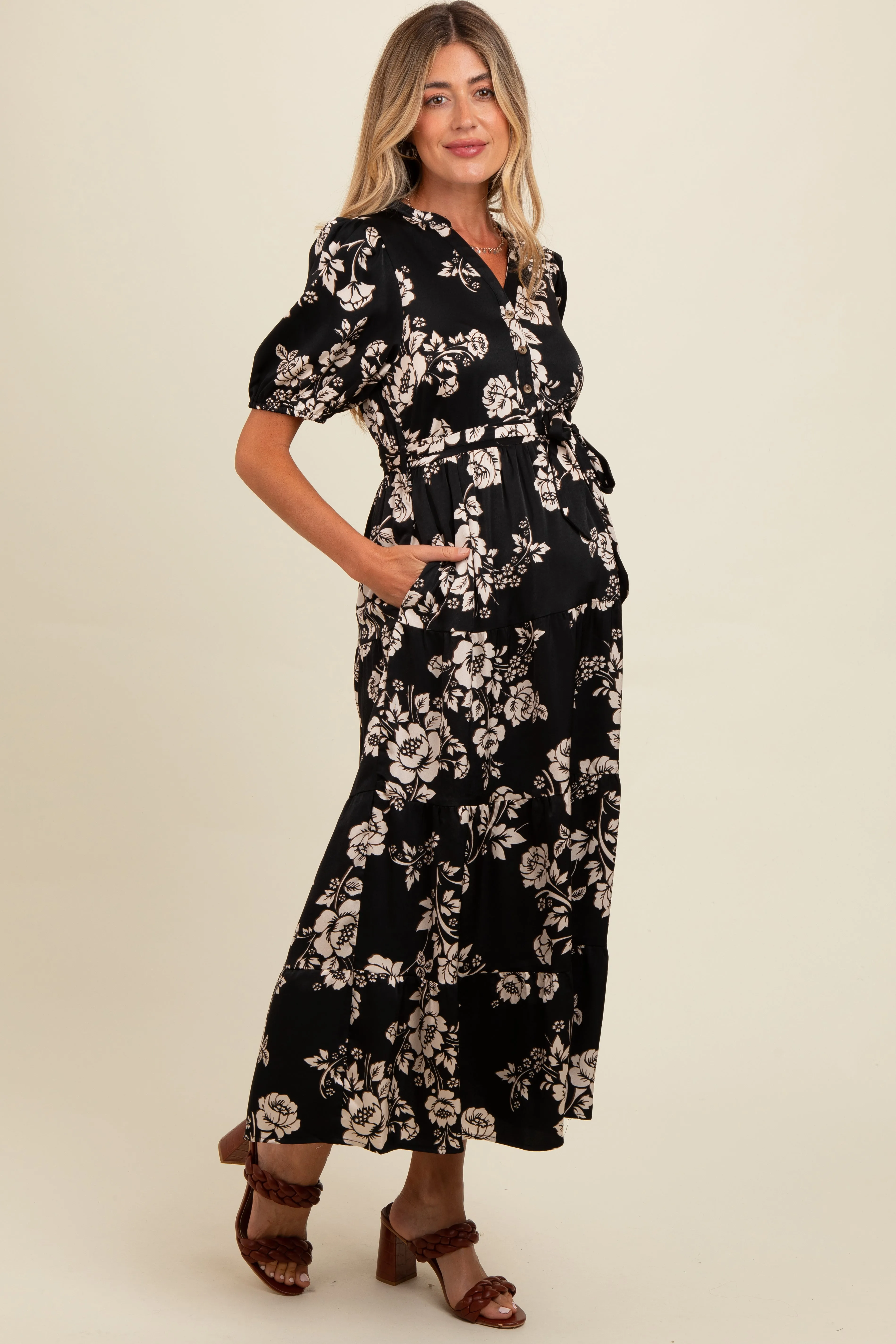 Black Floral Button Down Front Tie Maternity Midi Dress sold by Pinkblush product image thumbnail 3