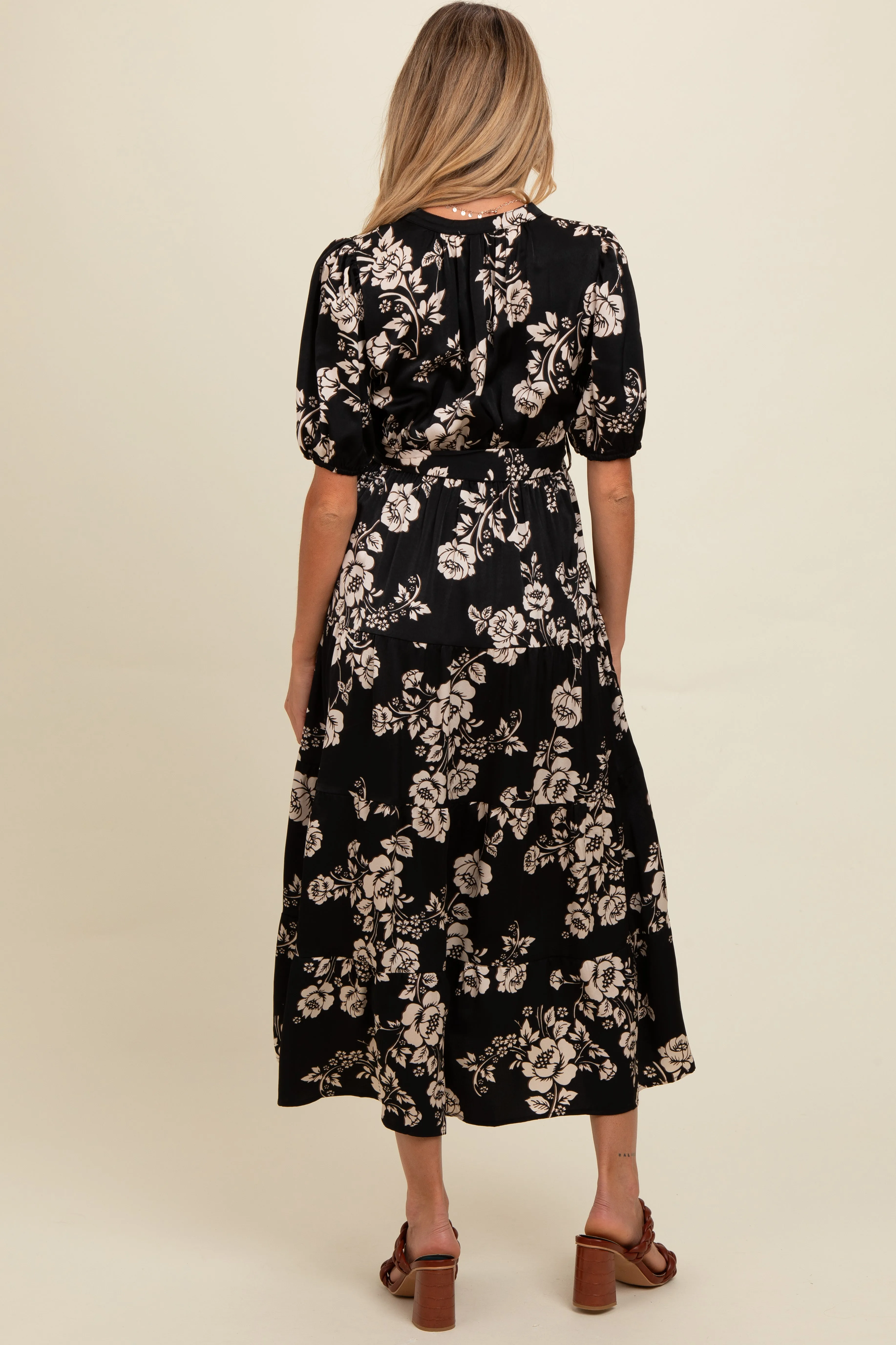 Black Floral Button Down Front Tie Maternity Midi Dress sold by Pinkblush product image thumbnail 4