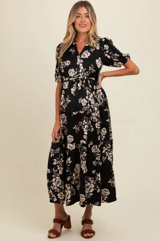 Black Floral Button Down Front Tie Maternity Midi Dress sold by Pinkblush