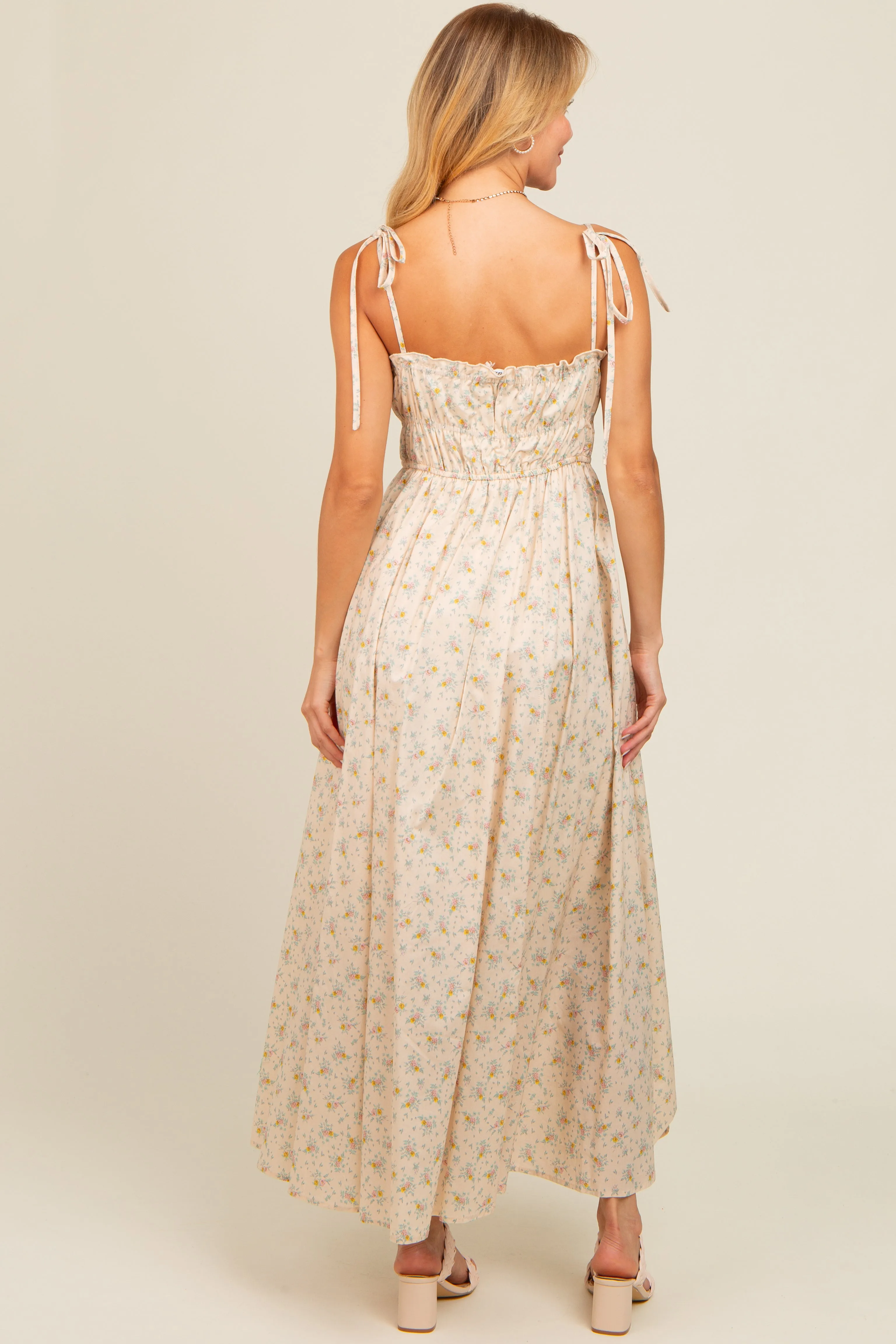 Cream Floral Ruched Bust Shoulder Tie Maxi Dress sold by Pinkblush product image thumbnail 4