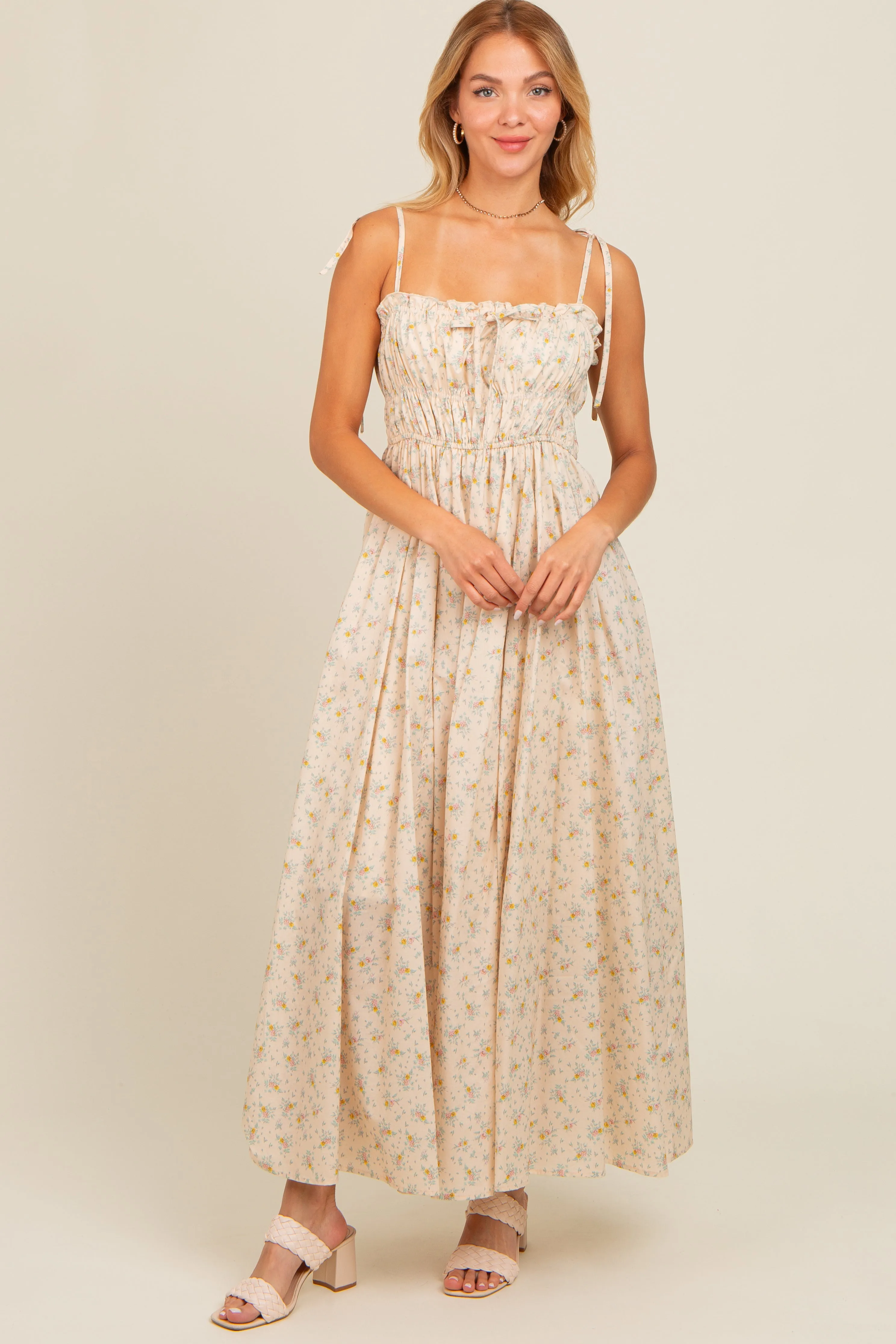 Cream Floral Ruched Bust Shoulder Tie Maxi Dress sold by Pinkblush