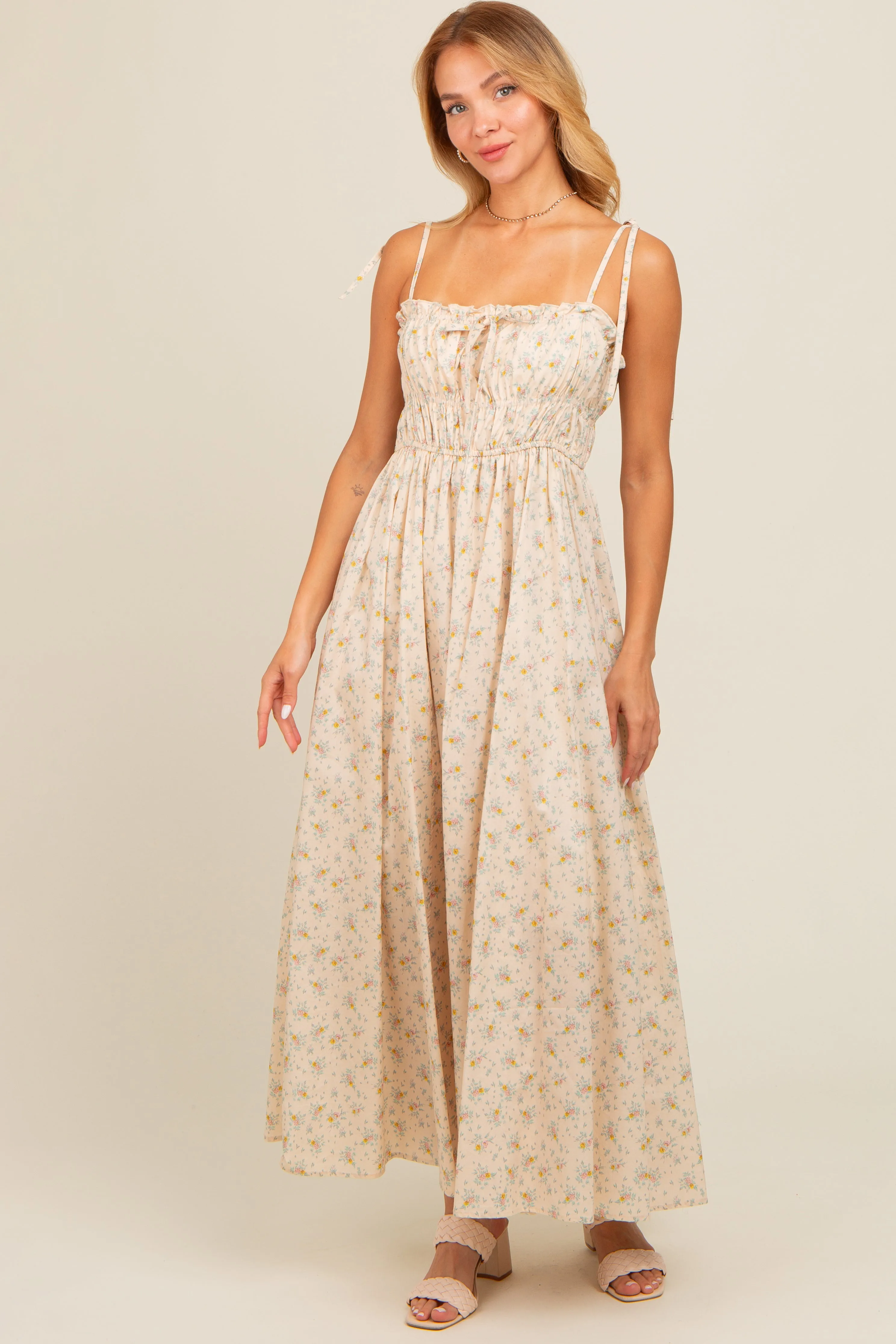 Cream Floral Ruched Bust Shoulder Tie Maxi Dress sold by Pinkblush product image thumbnail 2