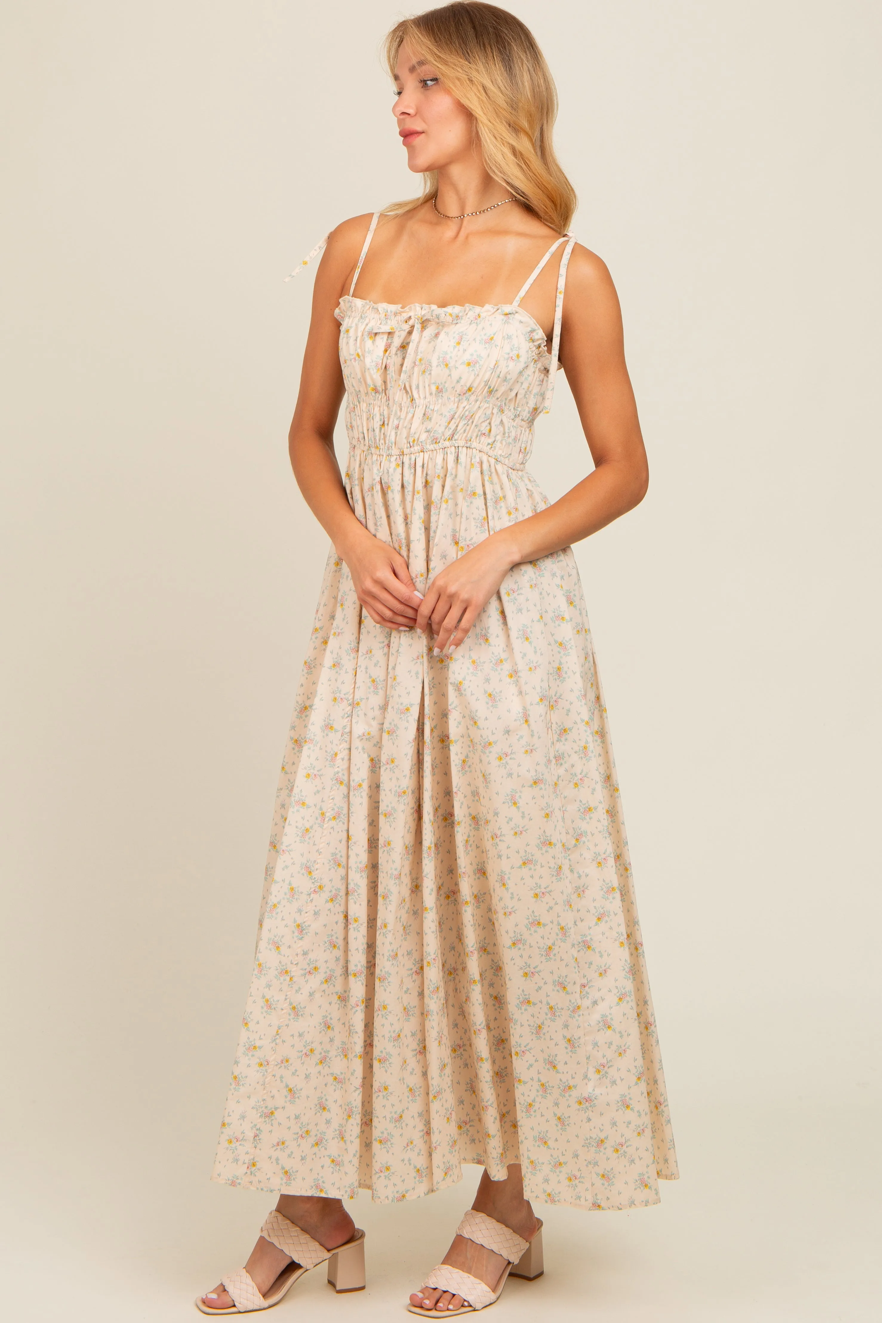 Cream Floral Ruched Bust Shoulder Tie Maxi Dress sold by Pinkblush product image thumbnail 3
