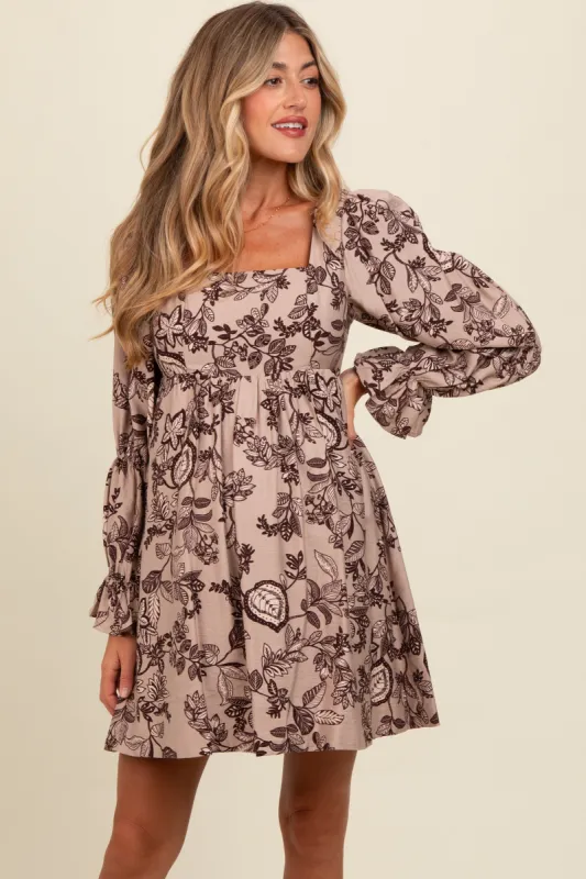 Light Taupe 3/4 Ruffle Sleeve Floral Maternity Mini Dress sold by Pinkblush
