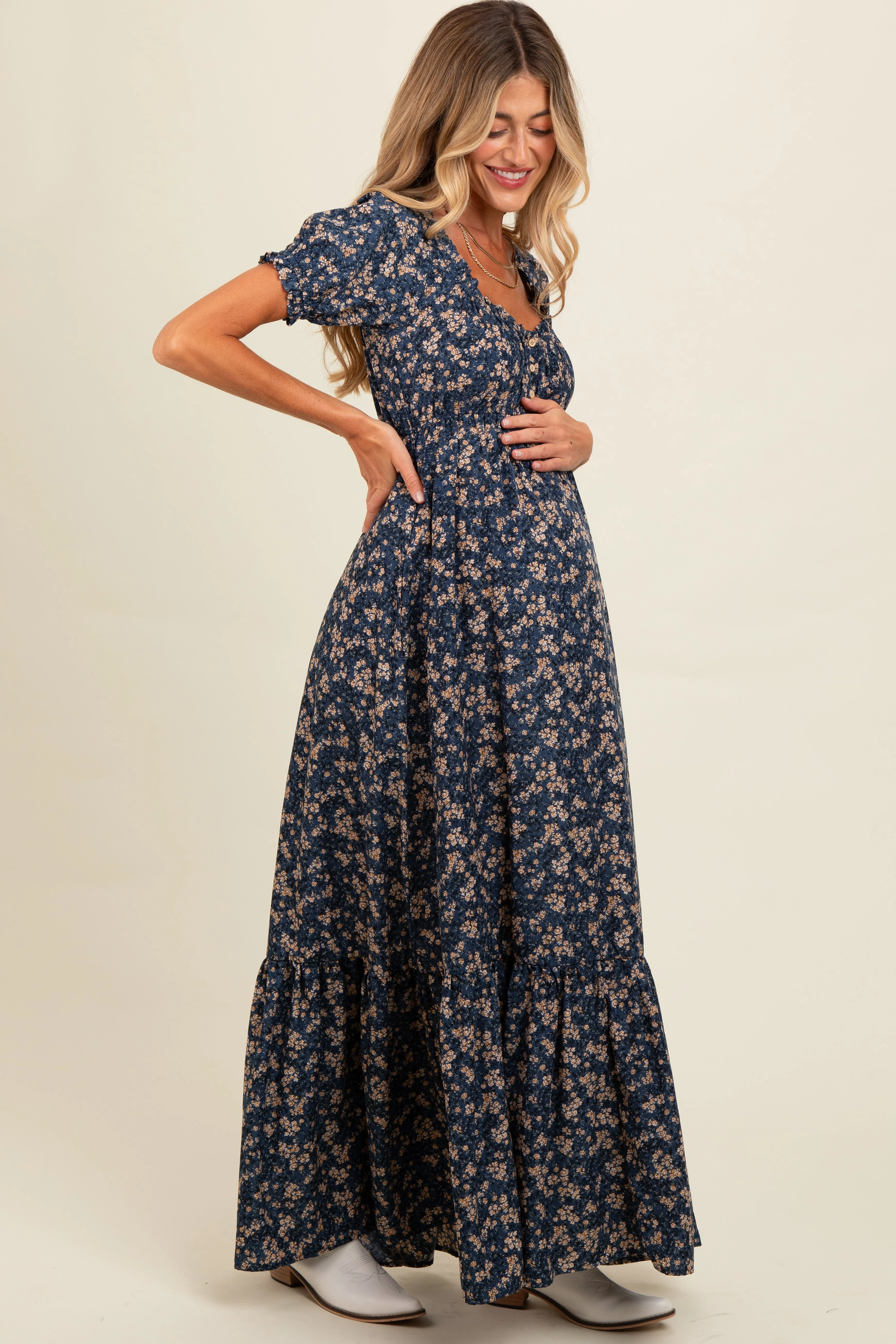 Navy Blue Floral Button Accent Maternity Maxi Dress sold by Pinkblush product image thumbnail 3