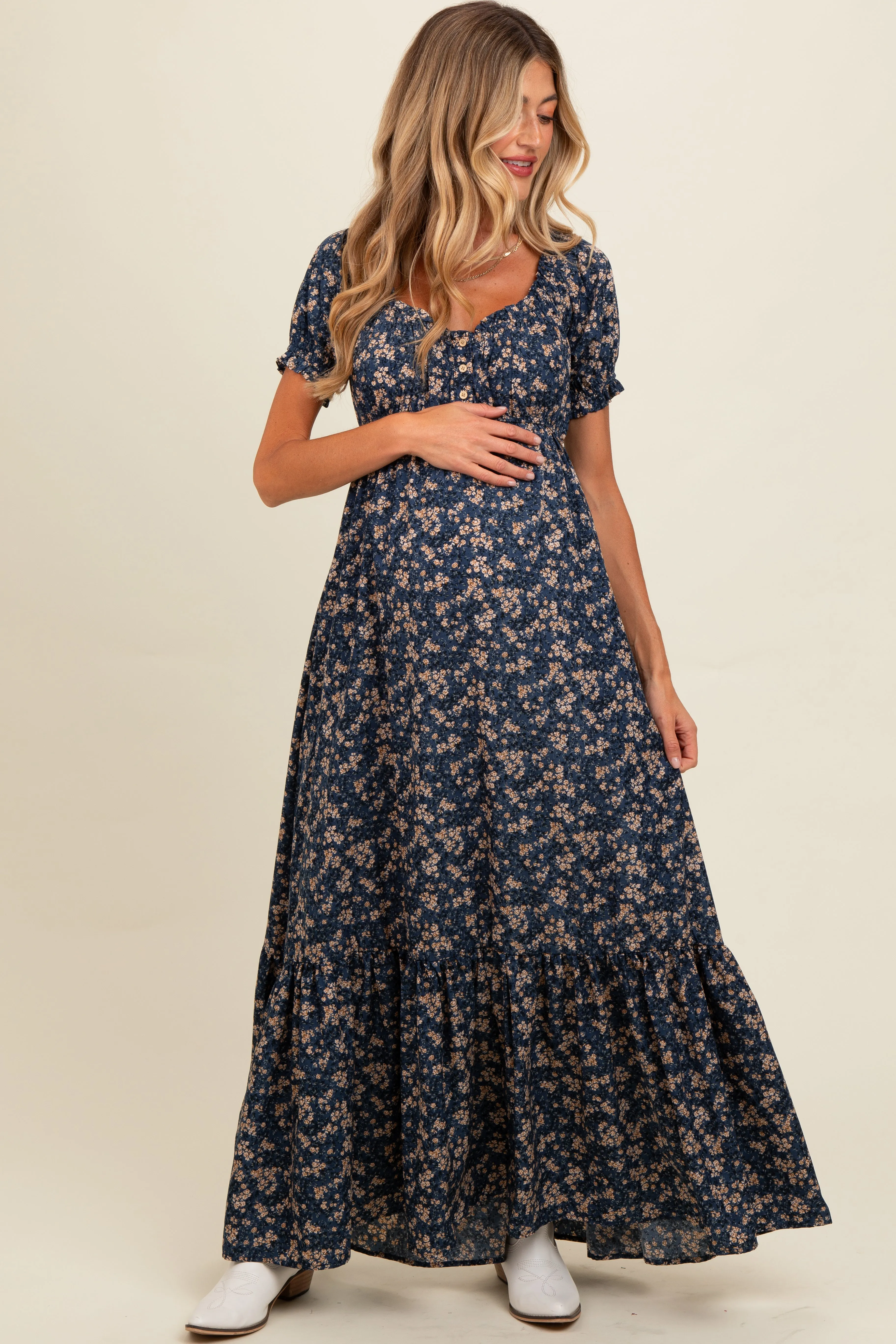 Navy Blue Floral Button Accent Maternity Maxi Dress sold by Pinkblush