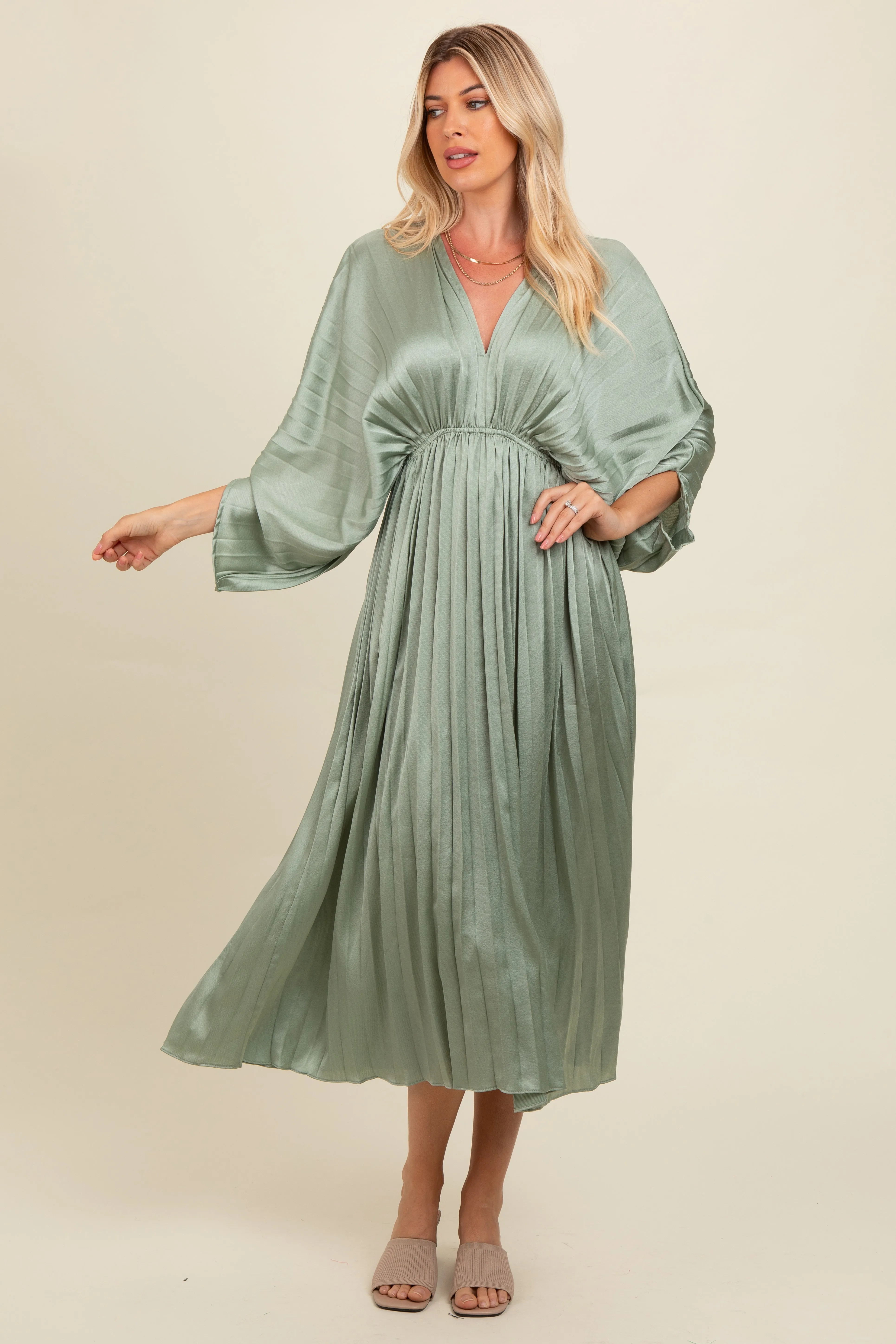 Light Olive Satin Pleated V-Neck Maternity Maxi Dress sold by Pinkblush product image thumbnail 4