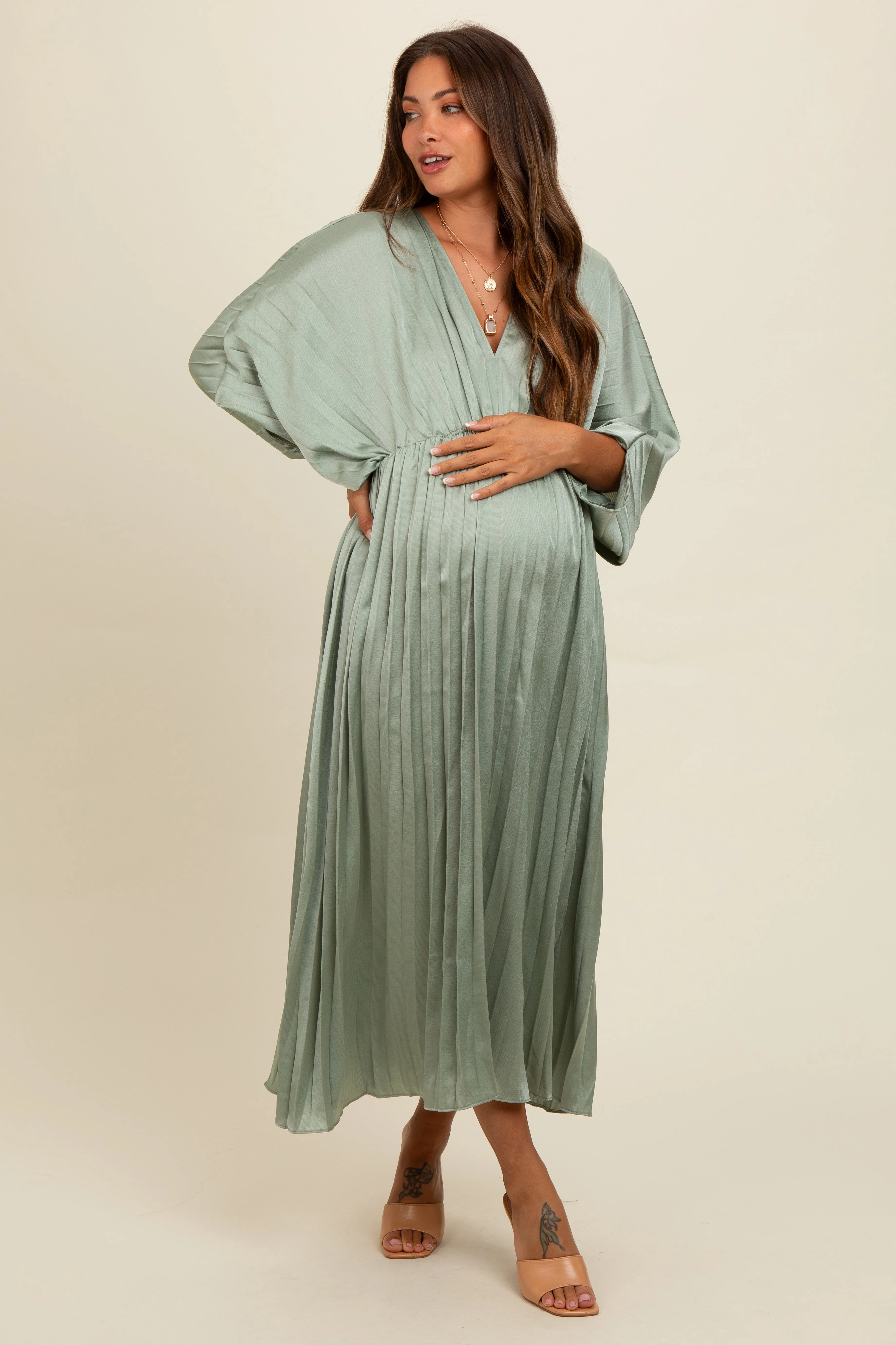 Light Olive Satin Pleated V-Neck Maternity Maxi Dress sold by Pinkblush