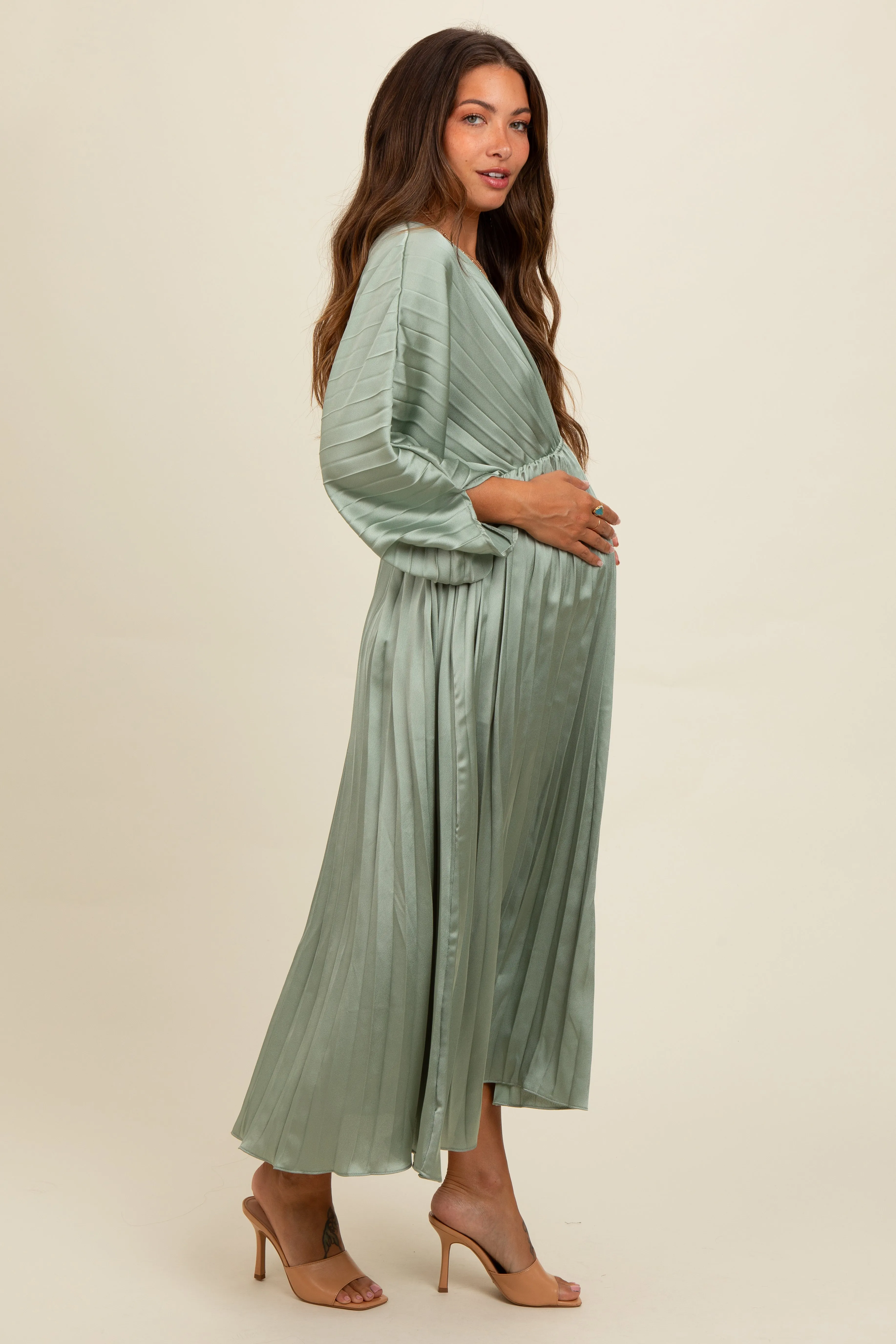 Light Olive Satin Pleated V-Neck Maternity Maxi Dress sold by Pinkblush product image thumbnail 2