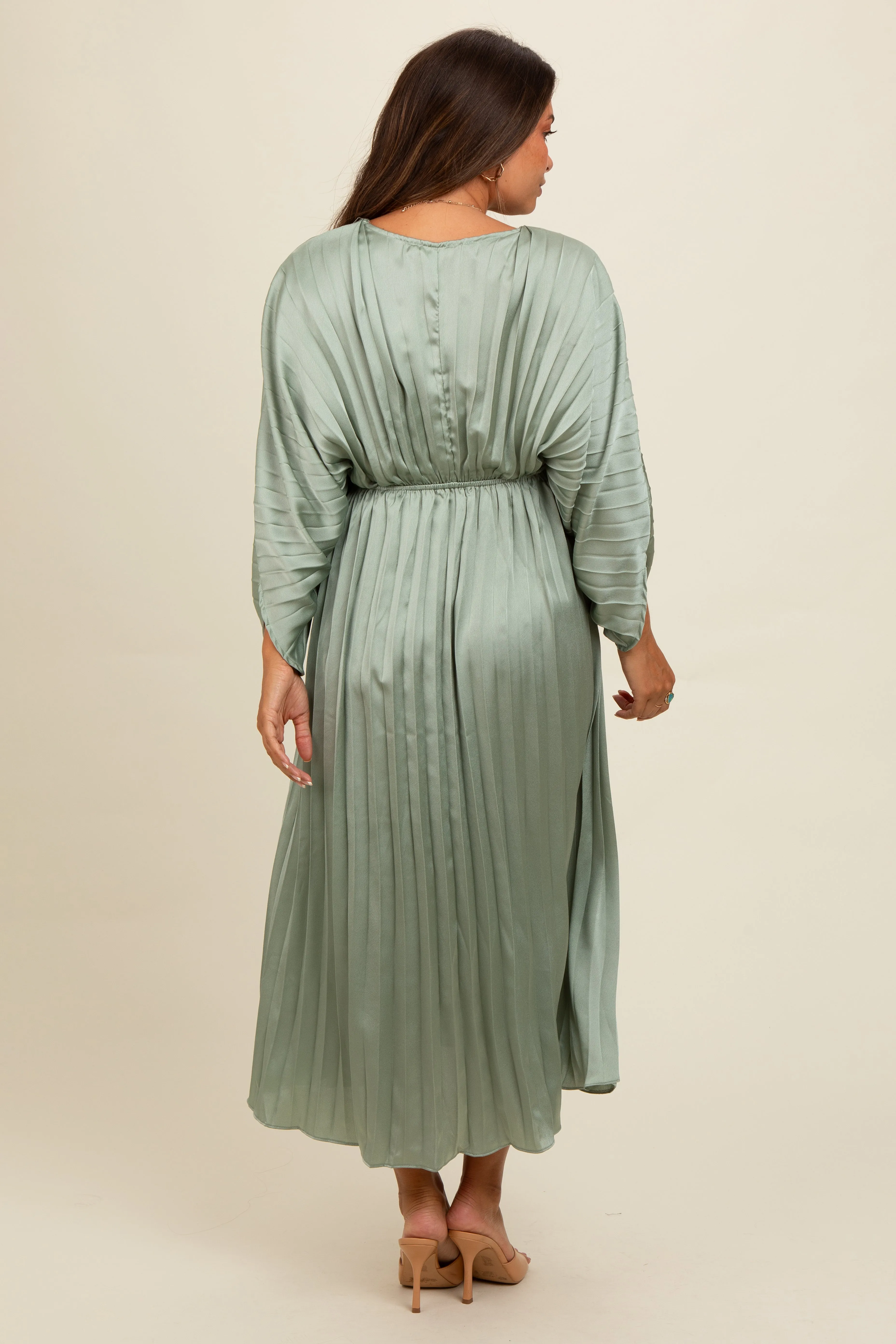 Light Olive Satin Pleated V-Neck Maternity Maxi Dress sold by Pinkblush product image thumbnail 3