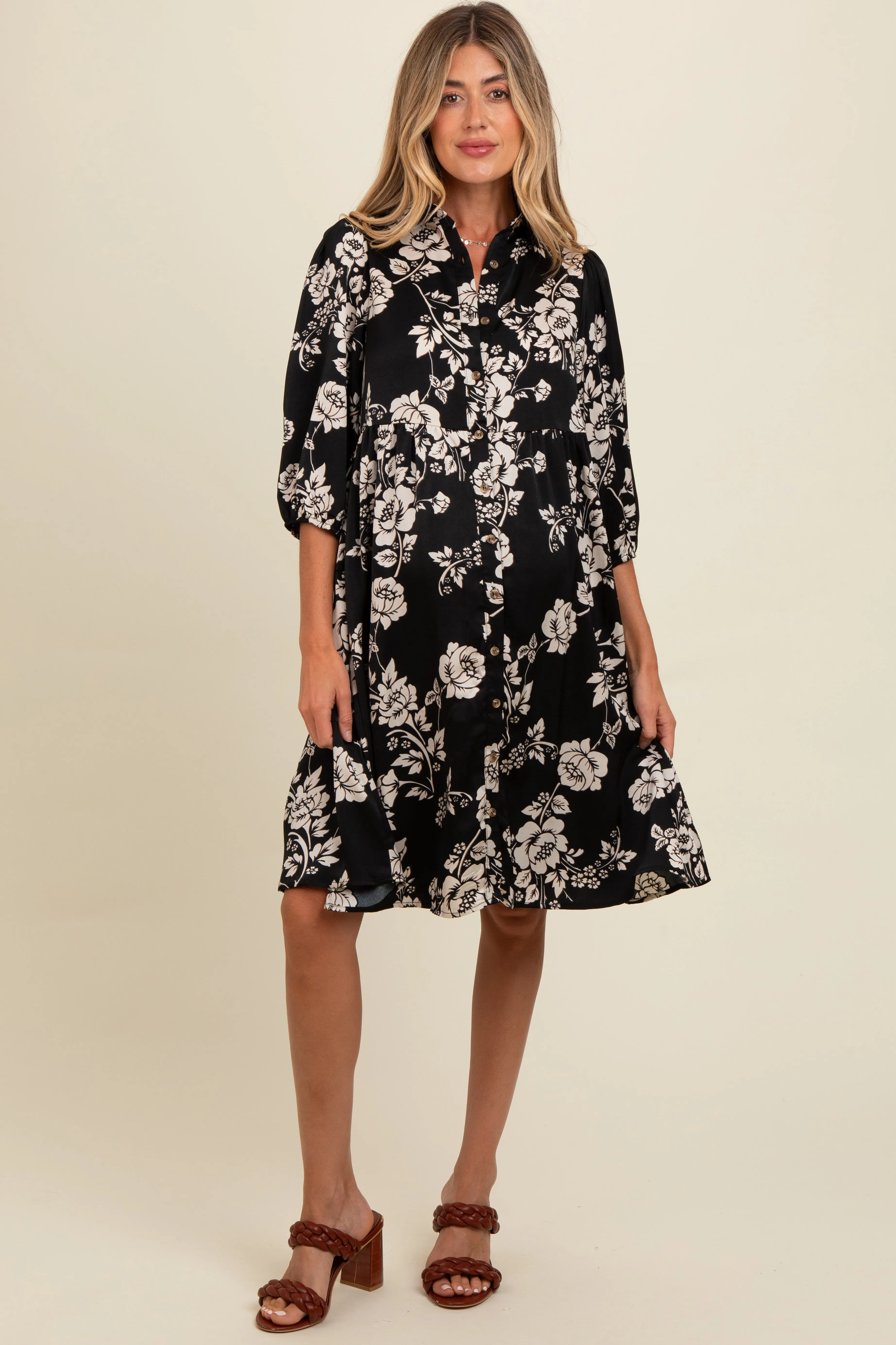 Black Floral Button Down Collared Maternity Dress sold by Pinkblush