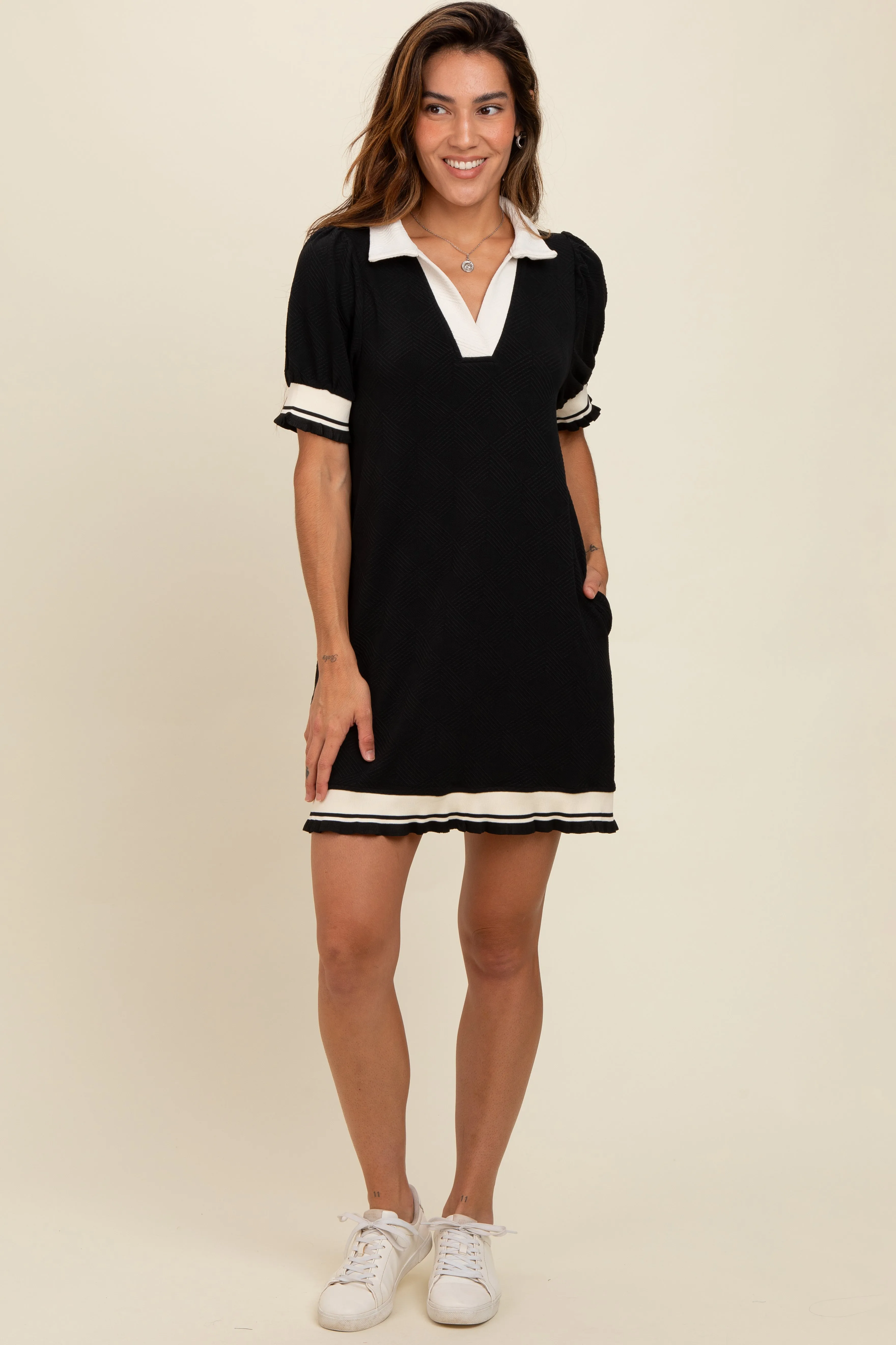 Black Knit Contrast Trim Collared Maternity Mini Dress sold by Pinkblush product image thumbnail 4