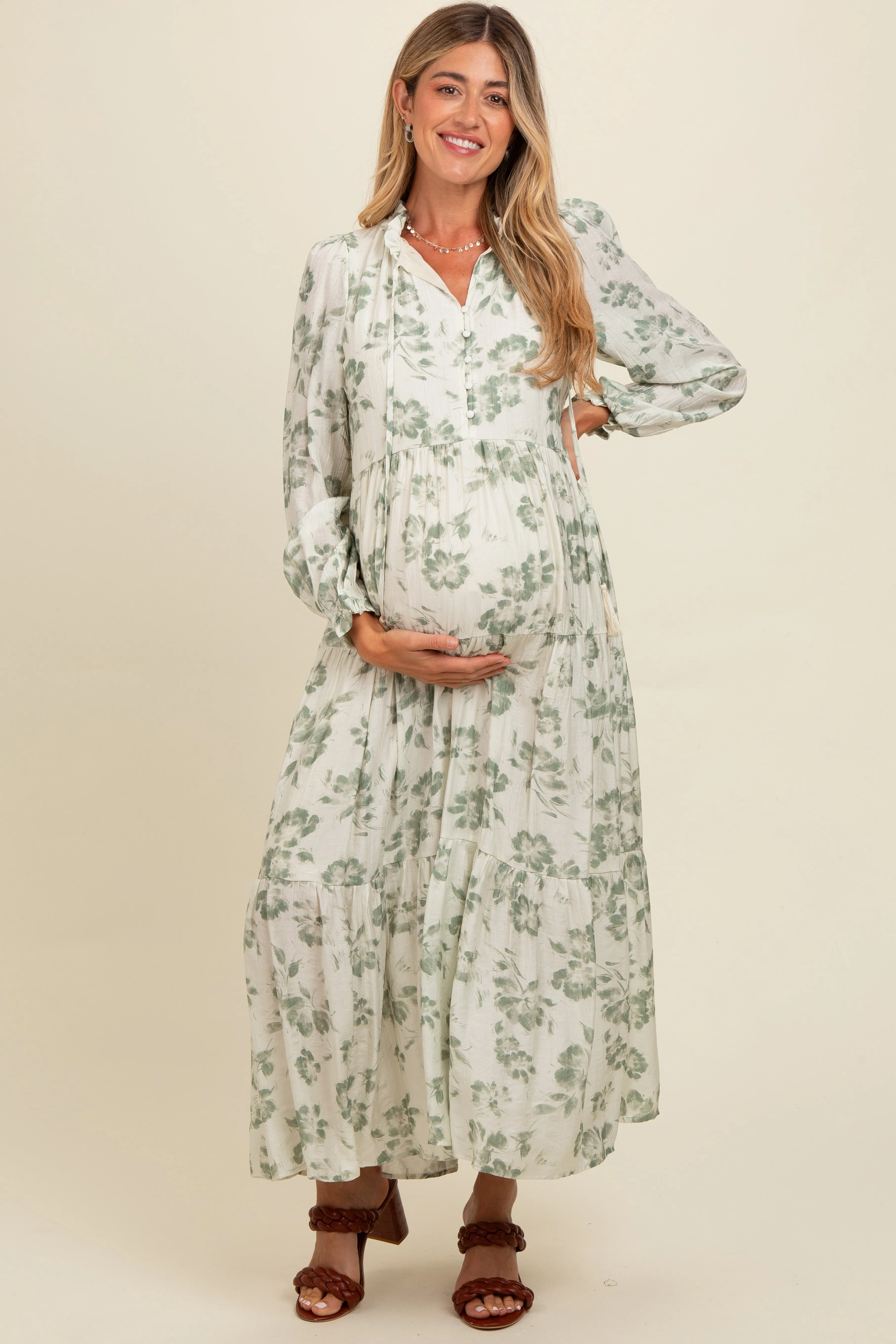Olive Floral Button Front Tiered Long Sleeve Maternity Maxi Dress sold by Pinkblush product image thumbnail 2