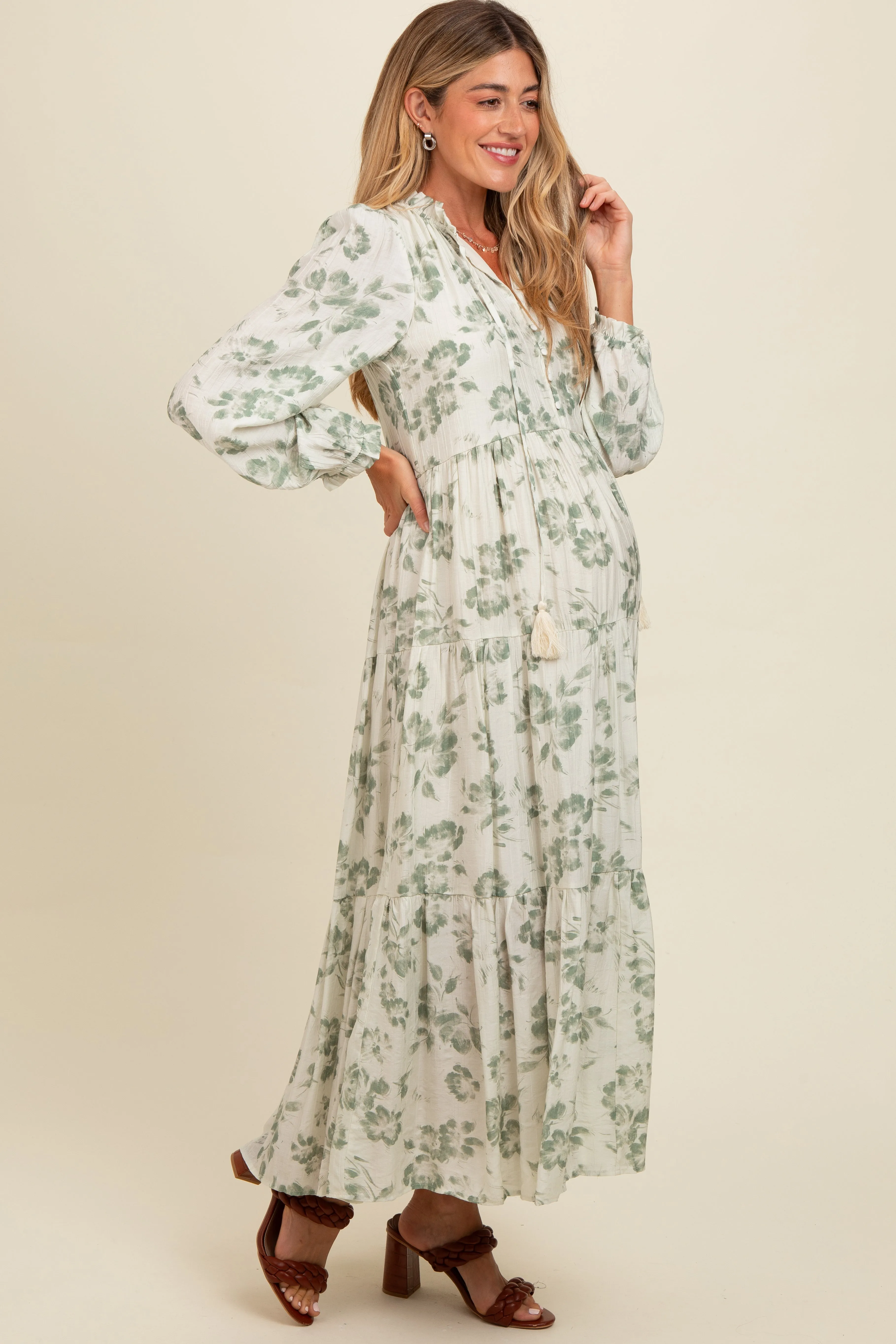 Olive Floral Button Front Tiered Long Sleeve Maternity Maxi Dress sold by Pinkblush product image thumbnail 3