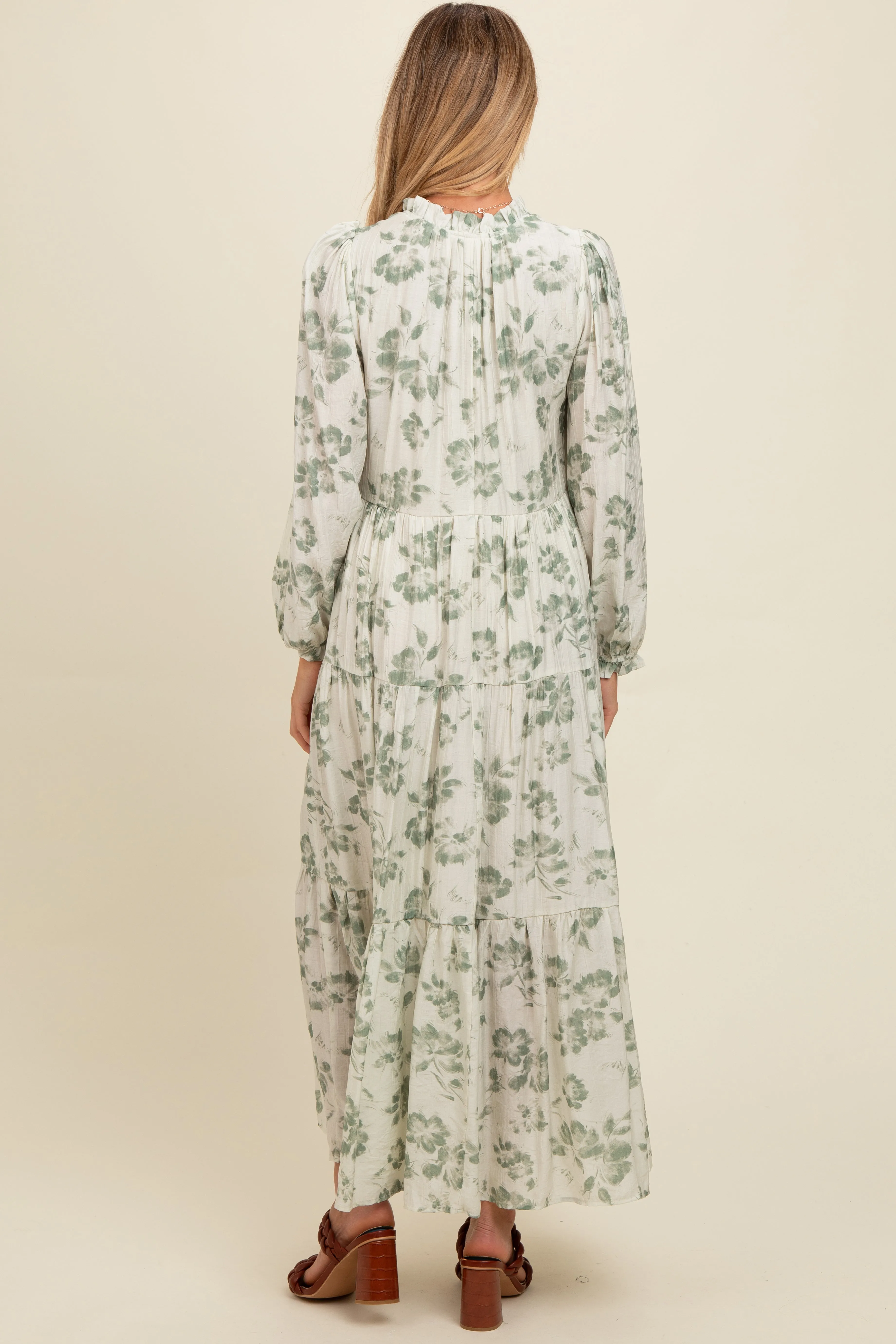 Olive Floral Button Front Tiered Long Sleeve Maternity Maxi Dress sold by Pinkblush product image thumbnail 4