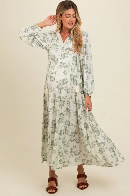 Olive Floral Button Front Tiered Long Sleeve Maternity Maxi Dress sold by Pinkblush