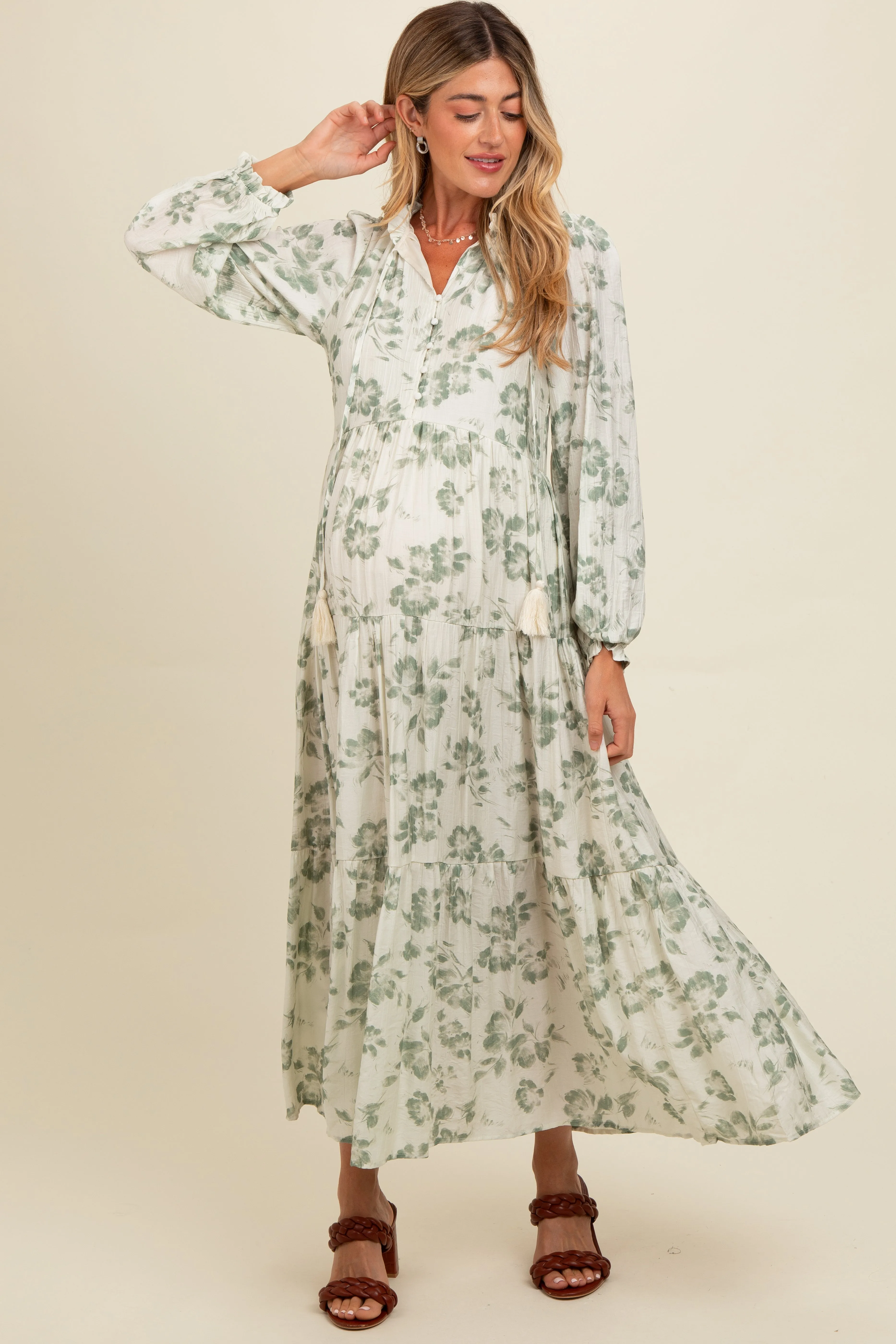 Olive Floral Button Front Tiered Long Sleeve Maternity Maxi Dress sold by Pinkblush