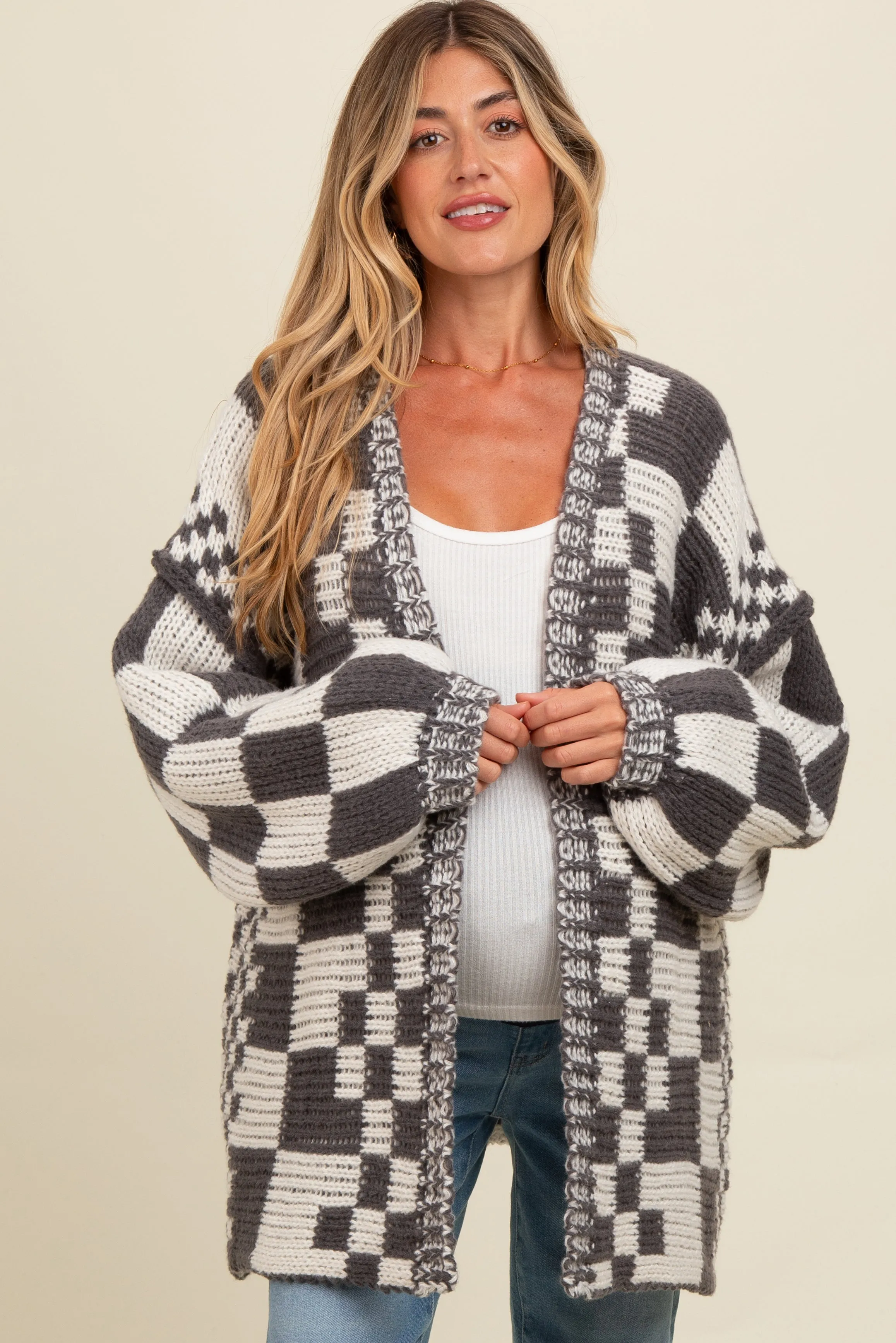 Charcoal Mixed Check Pattern Chunky Maternity Cardigan sold by Pinkblush product image thumbnail 2