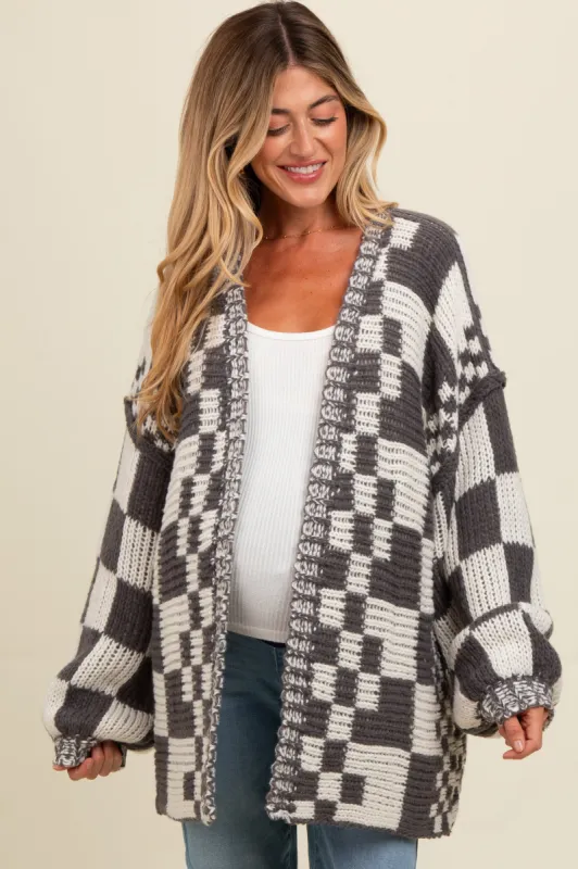 Charcoal Mixed Check Pattern Chunky Maternity Cardigan sold by Pinkblush