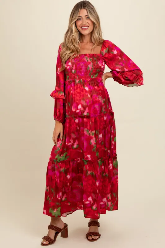 Red Satin Floral Smocked Ruffle Tier Maternity Maxi Dress sold by Pinkblush