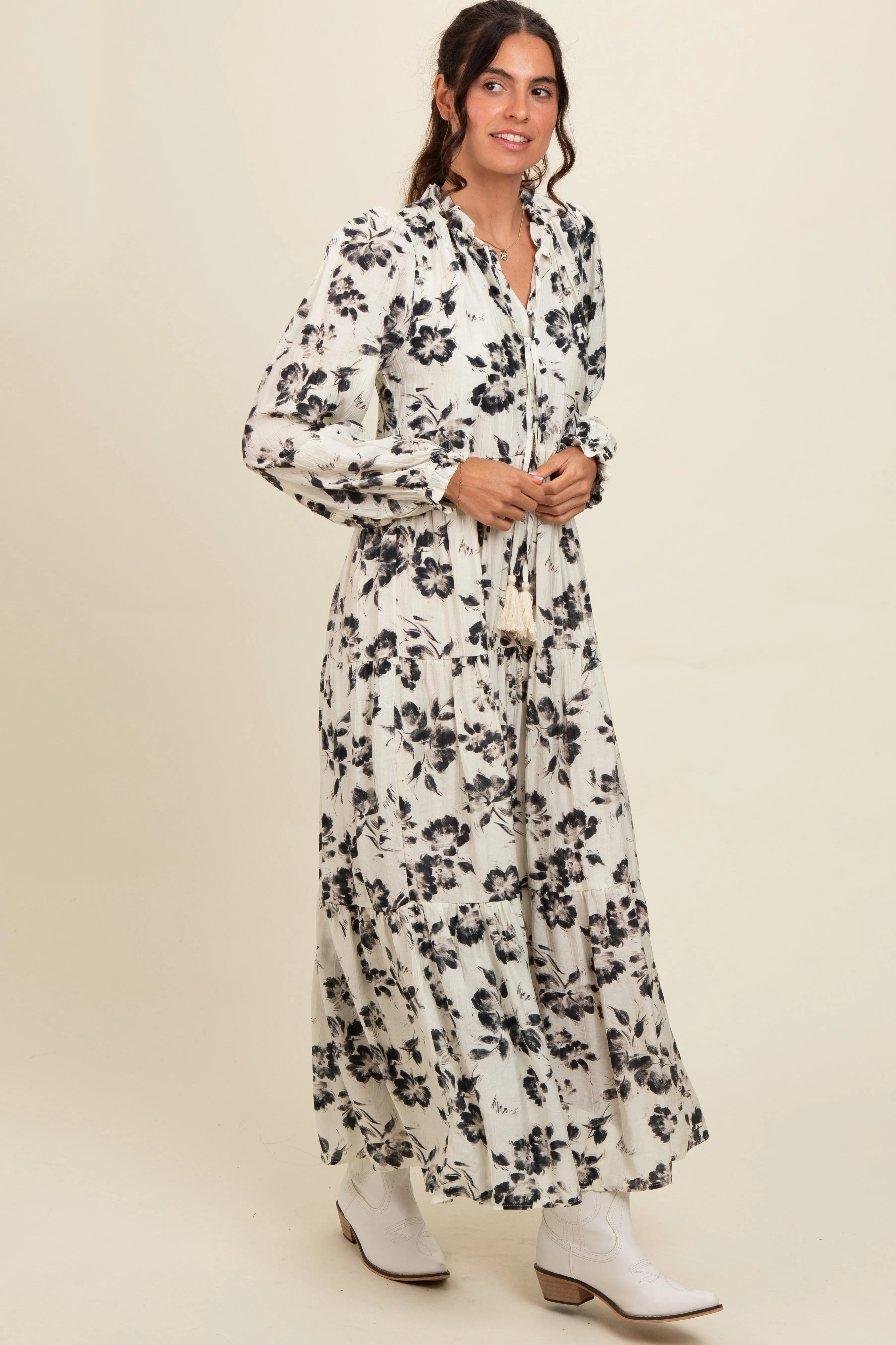 Black Floral Button Front Tiered Long Sleeve Maxi Dress sold by Pinkblush product image thumbnail 2