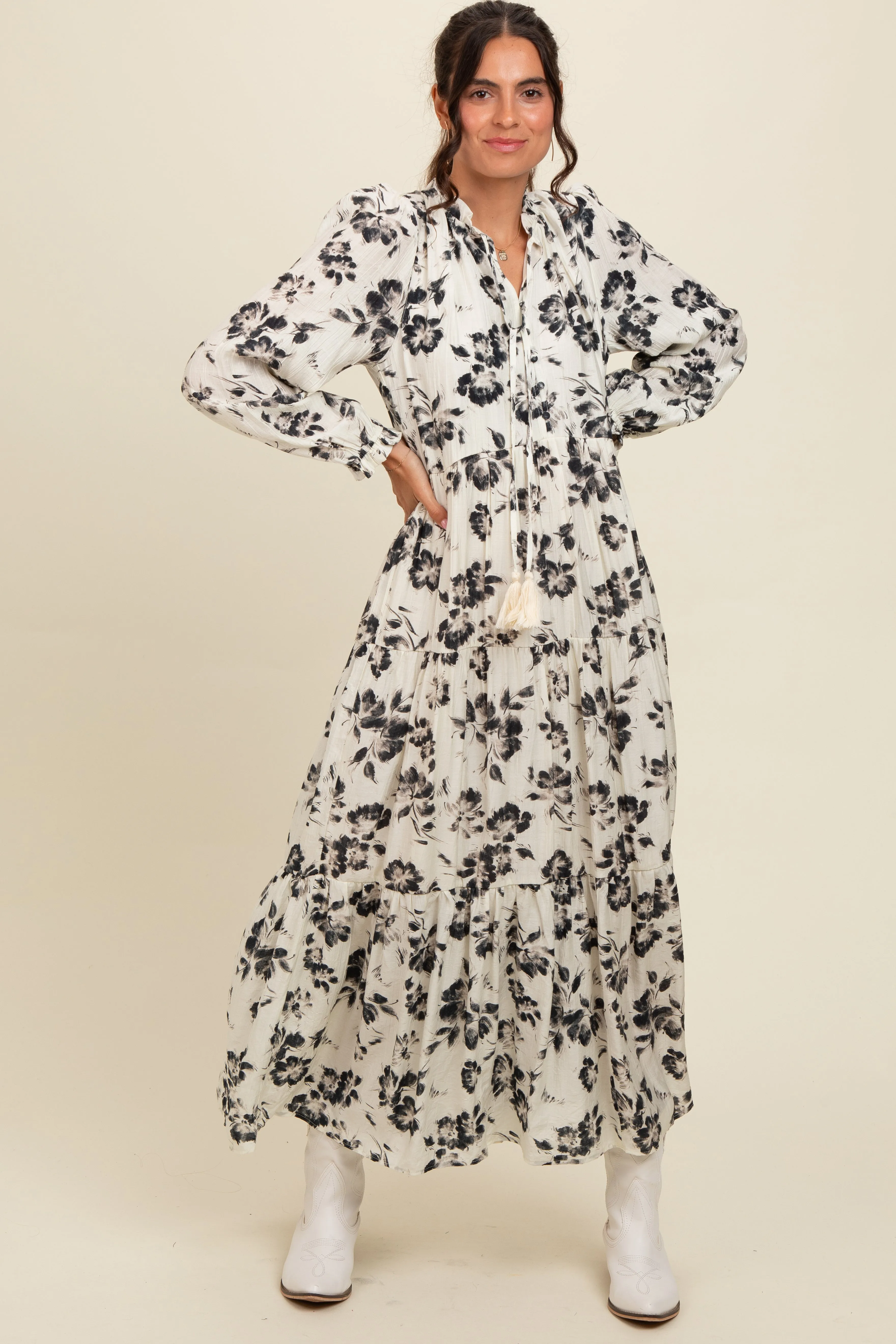 Black Floral Button Front Tiered Long Sleeve Maxi Dress sold by Pinkblush