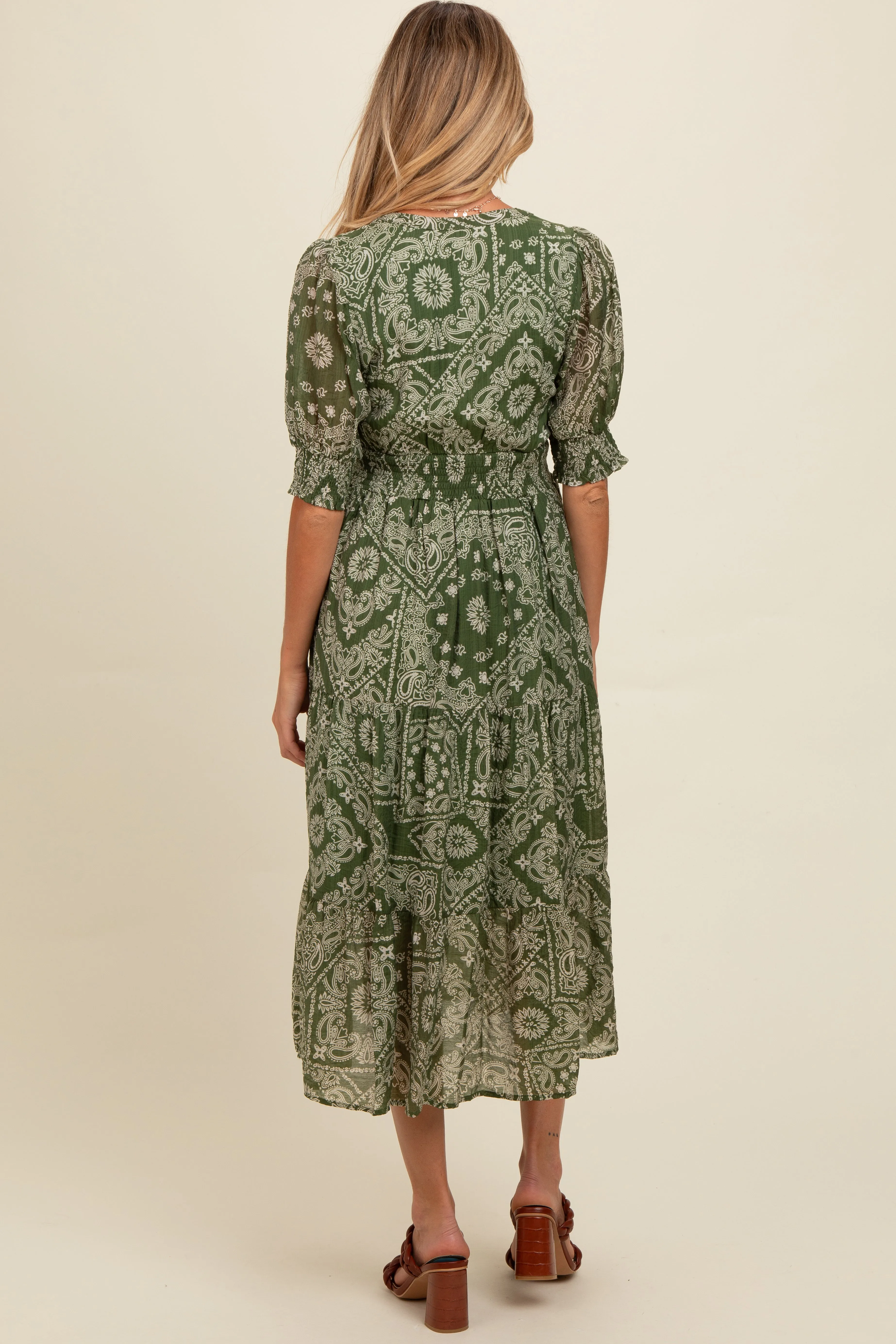 Green Paisley Button Front V-Neck Tiered Maternity Midi Dress sold by Pinkblush product image thumbnail 3