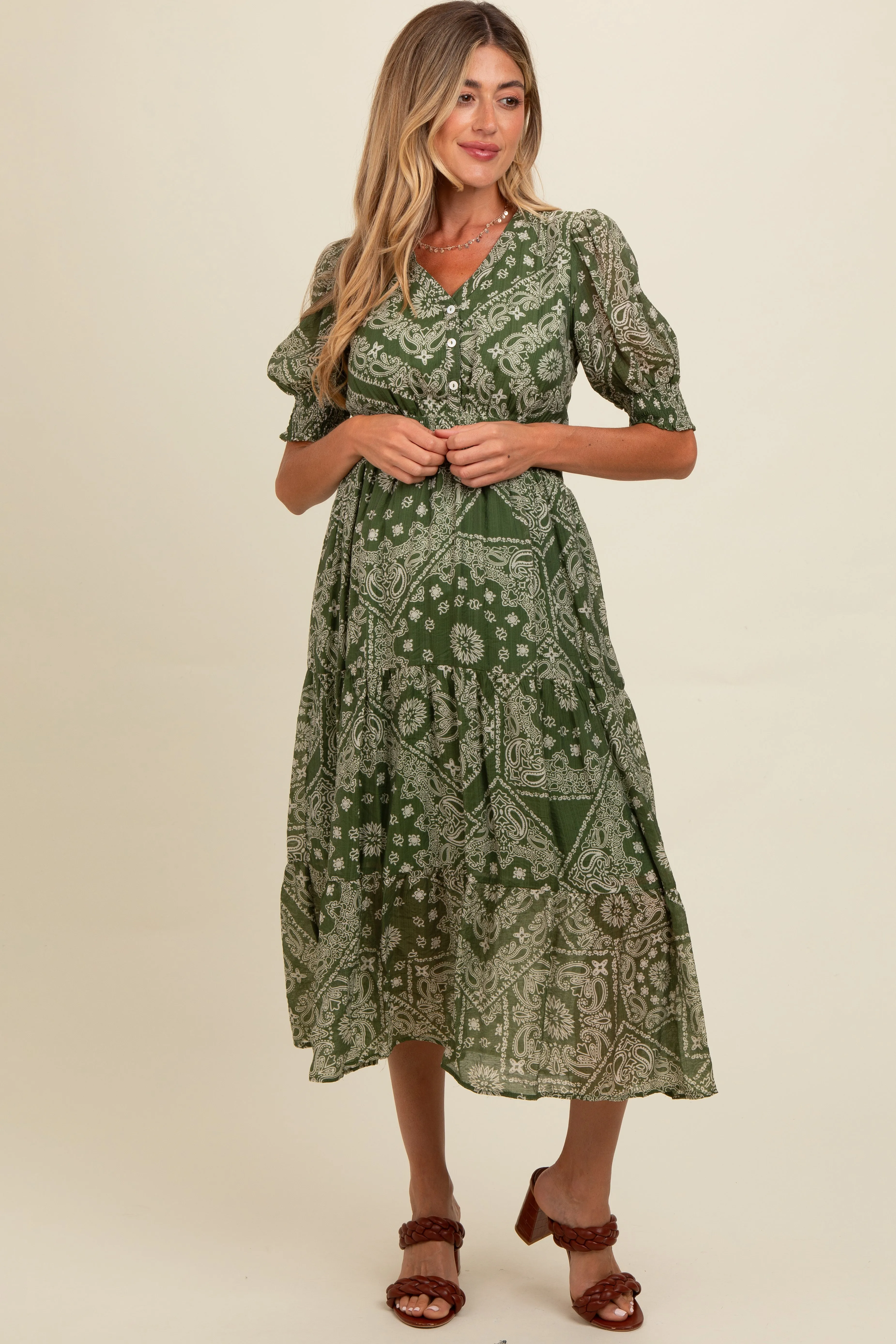 Green Paisley Button Front V-Neck Tiered Maternity Midi Dress sold by Pinkblush