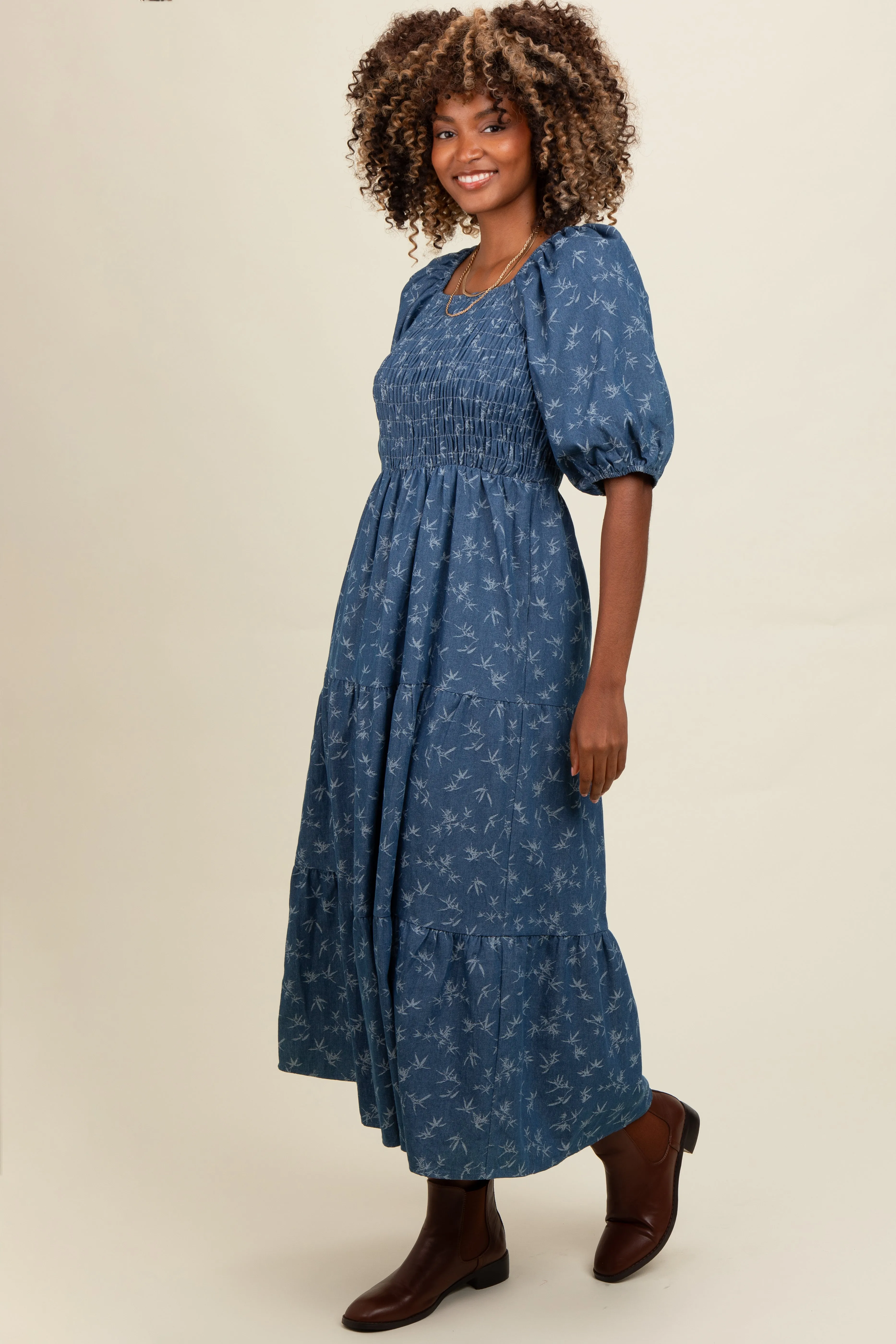Blue Chambray Printed Smocked Midi Dress sold by Pinkblush product image thumbnail 3