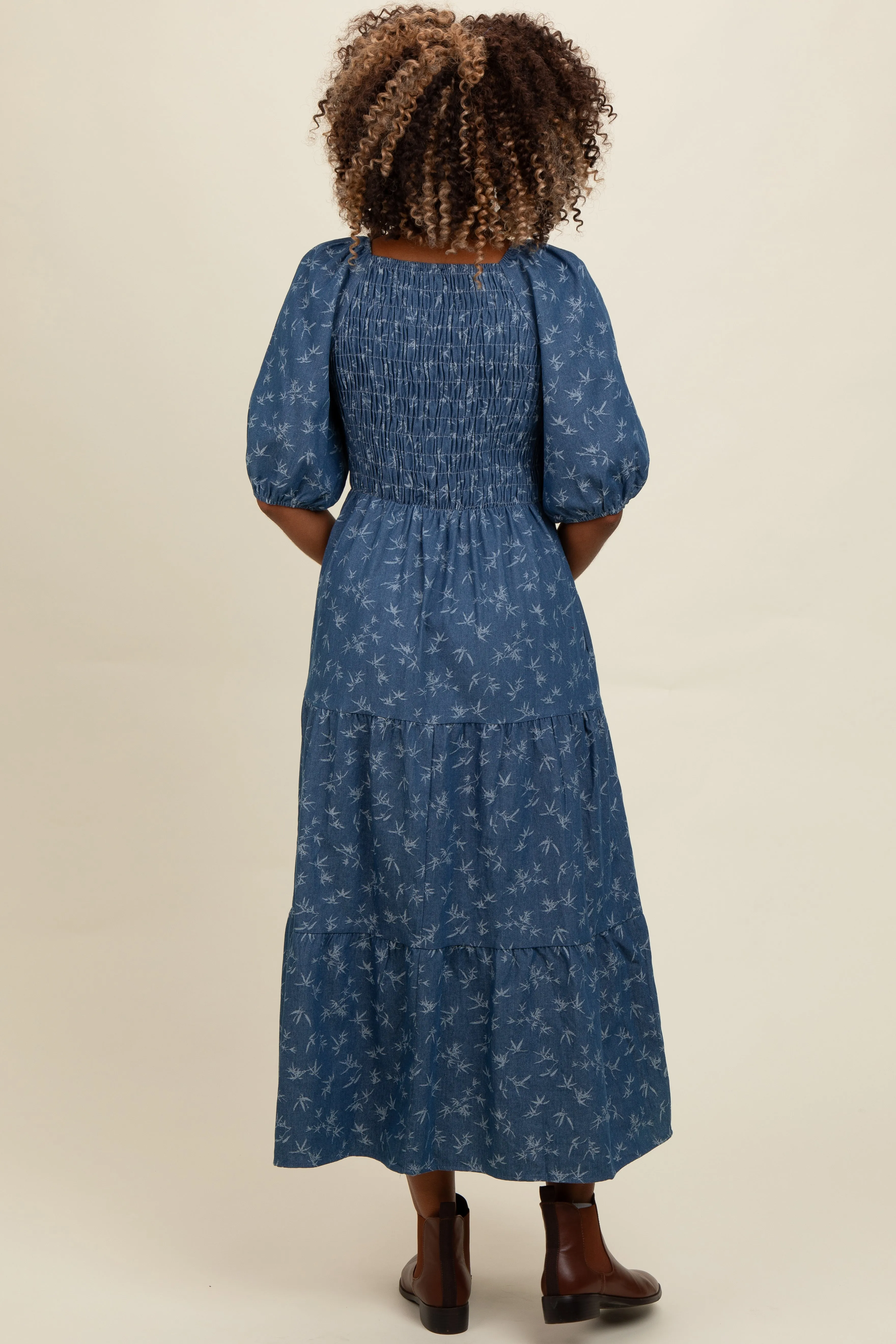 Blue Chambray Printed Smocked Midi Dress sold by Pinkblush product image thumbnail 4