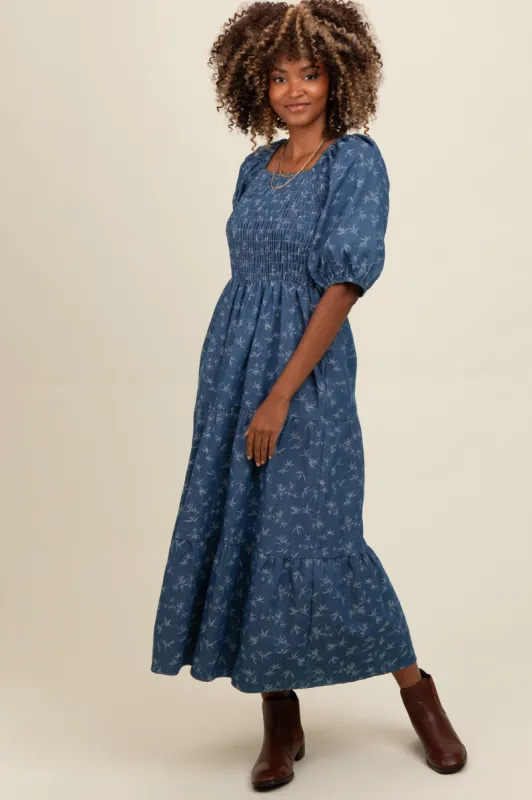 Blue Chambray Printed Smocked Midi Dress sold by Pinkblush