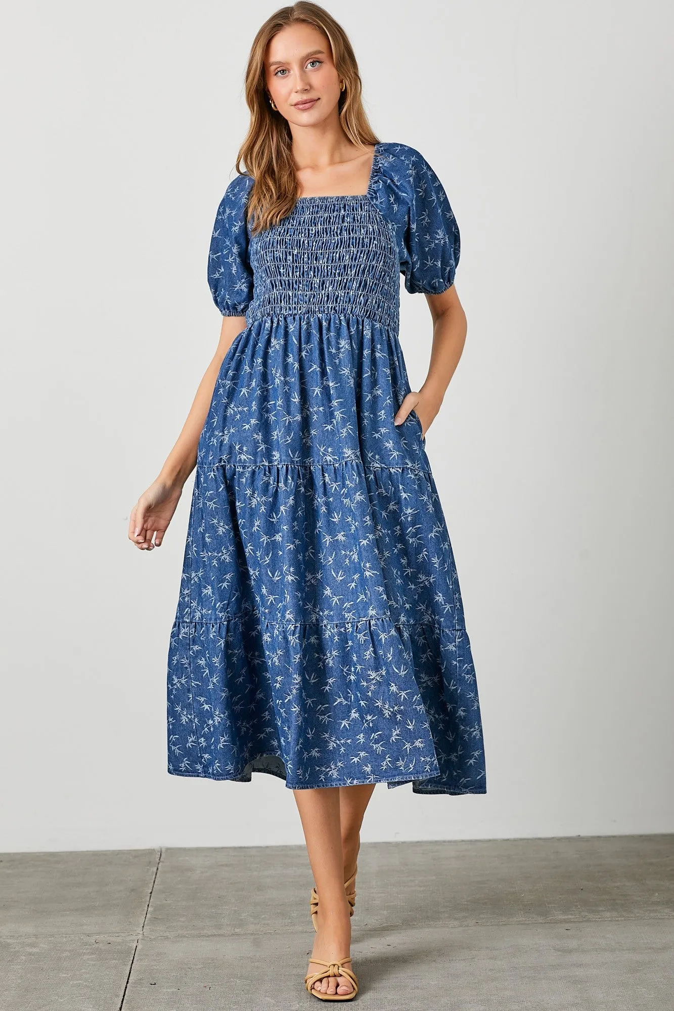 Blue Chambray Printed Smocked Midi Dress sold by Pinkblush product image thumbnail 5