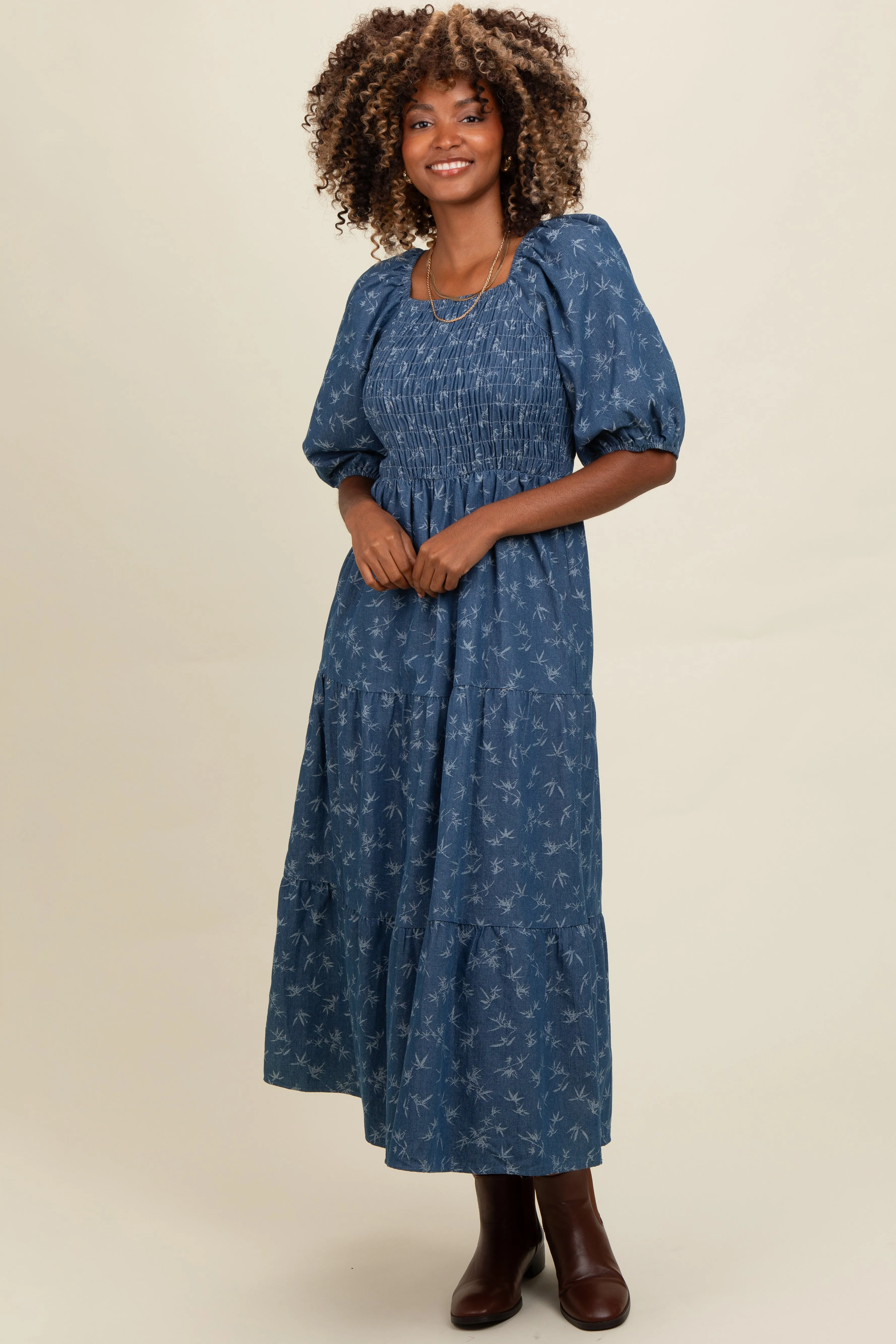 Blue Chambray Printed Smocked Midi Dress sold by Pinkblush product image thumbnail 2