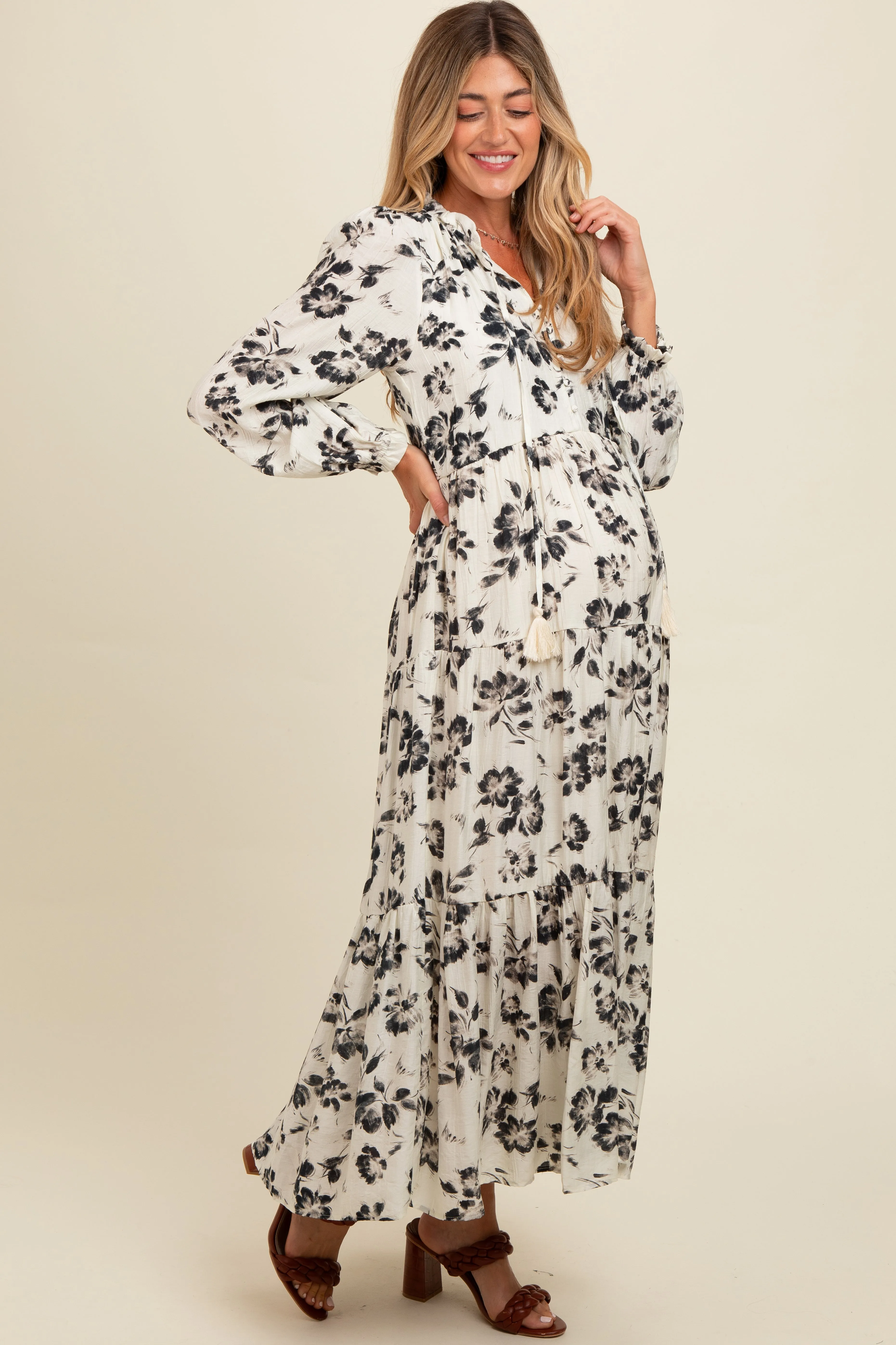 Black Floral Button Front Tiered Long Sleeve Maternity Maxi Dress sold by Pinkblush product image thumbnail 3