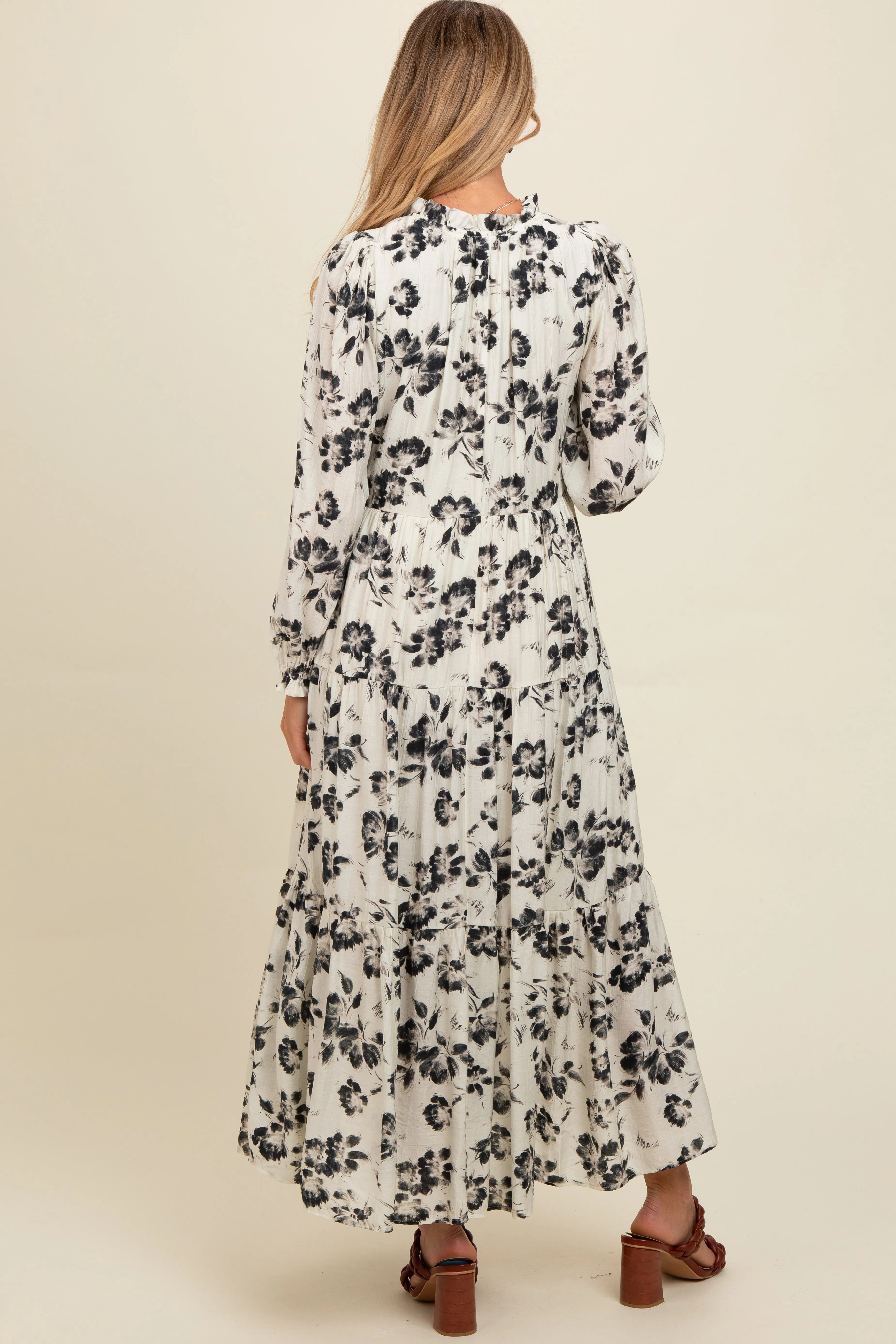 Black Floral Button Front Tiered Long Sleeve Maternity Maxi Dress sold by Pinkblush product image thumbnail 4