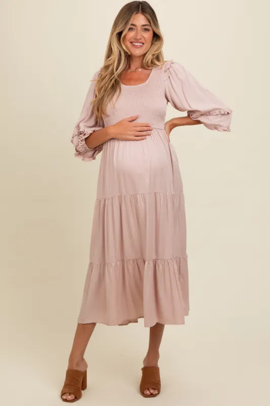 Mauve Smocked Ruffle Shoulder Tiered Maternity Midi Dress sold by Pinkblush