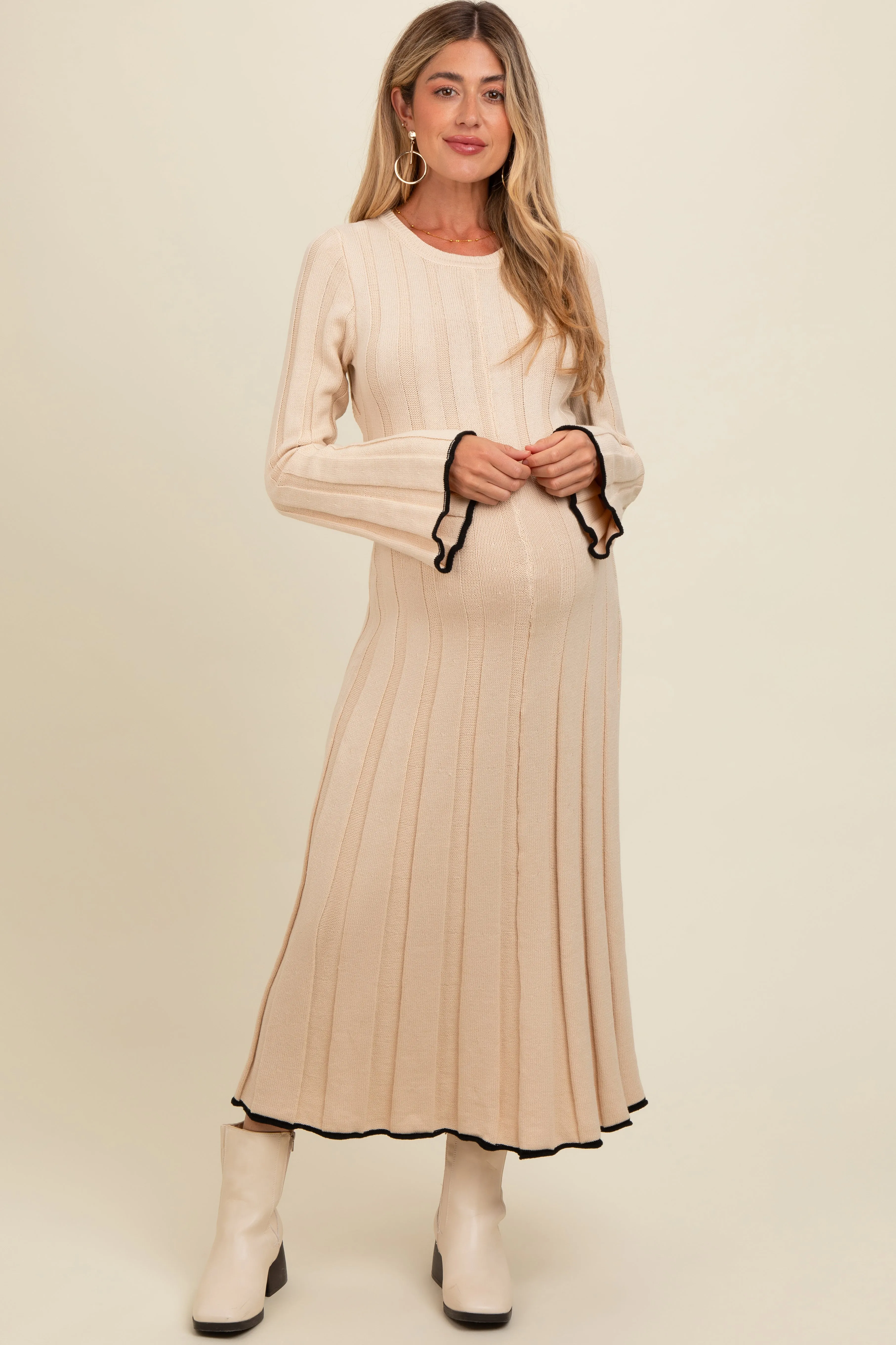 Cream Sweater Knit Bell Sleeve Back Cutout Maternity Maxi Dress sold by Pinkblush