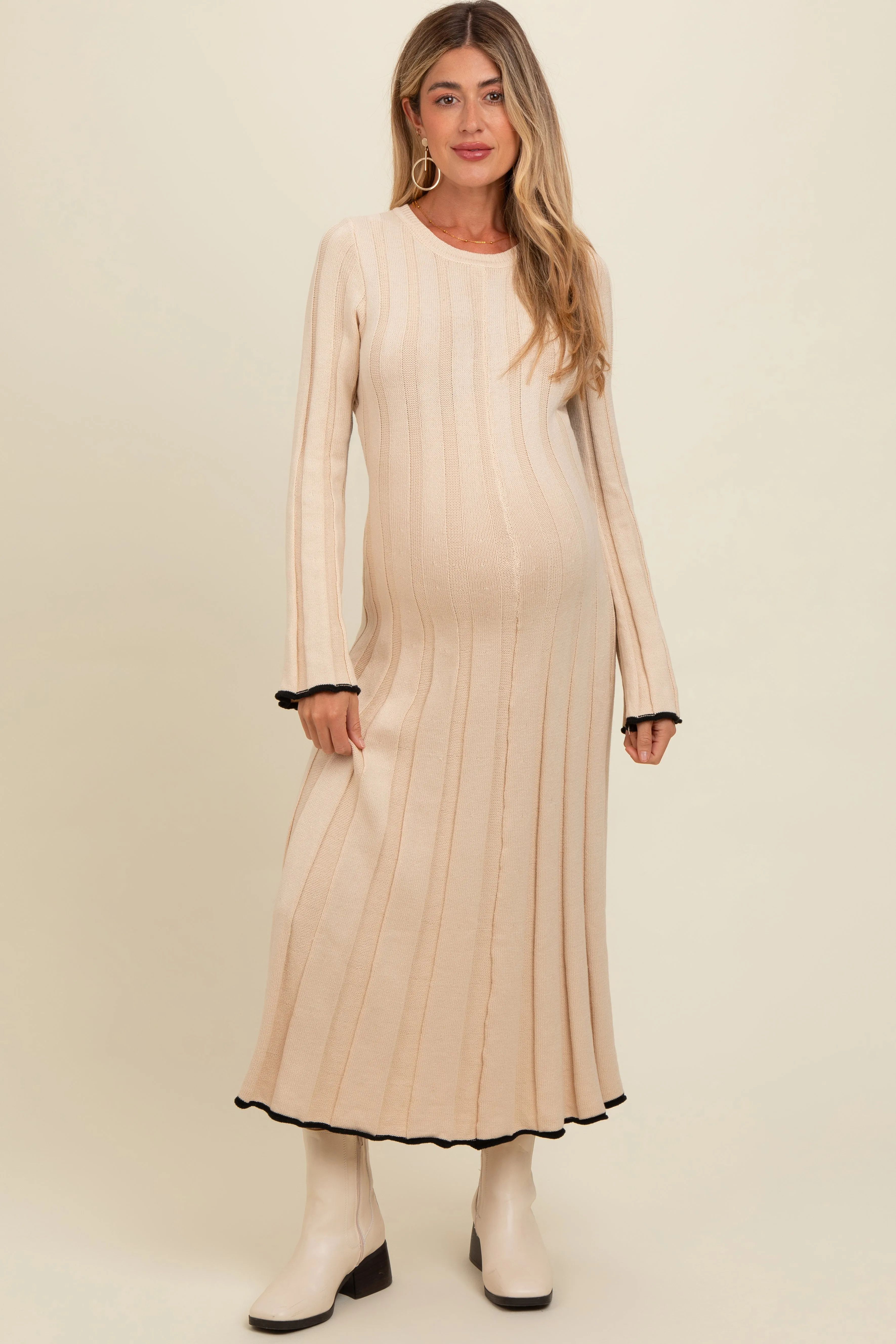 Cream Sweater Knit Bell Sleeve Back Cutout Maternity Maxi Dress sold by Pinkblush product image thumbnail 2